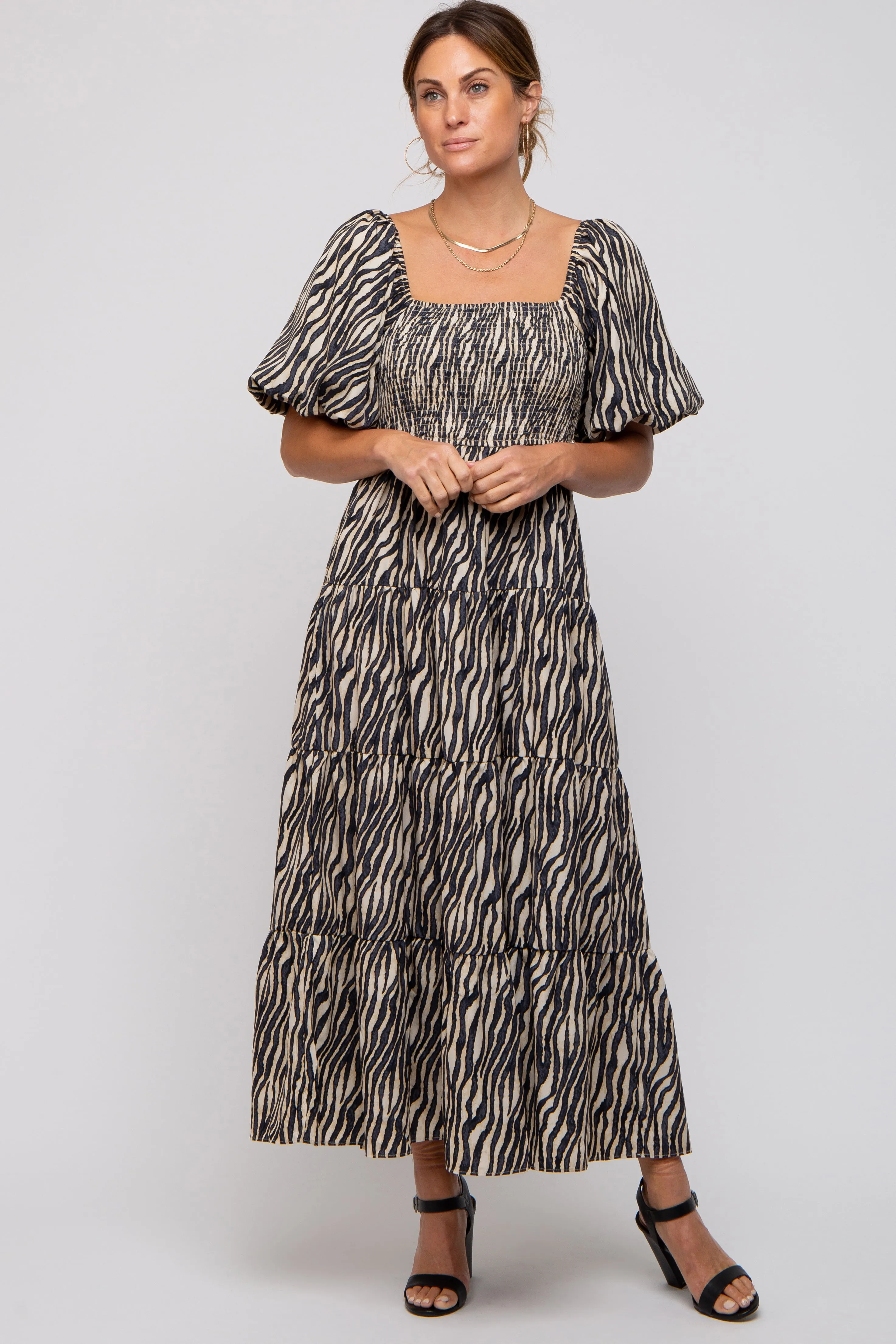 Charcoal Printed Smocked Maxi Dress sold by Pinkblush