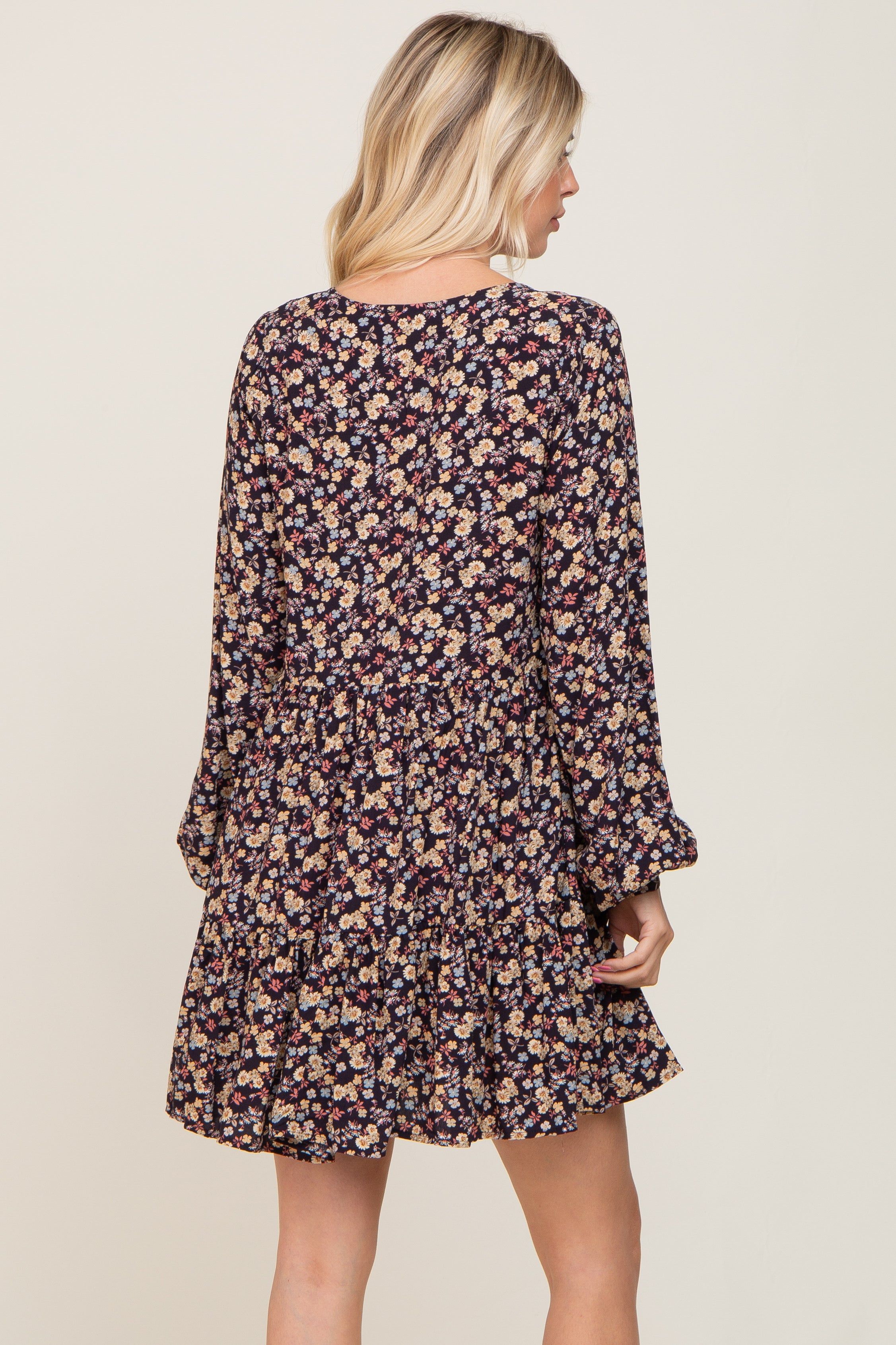 Black Floral Button Front Long Sleeve Dress sold by Pinkblush product image thumbnail 3