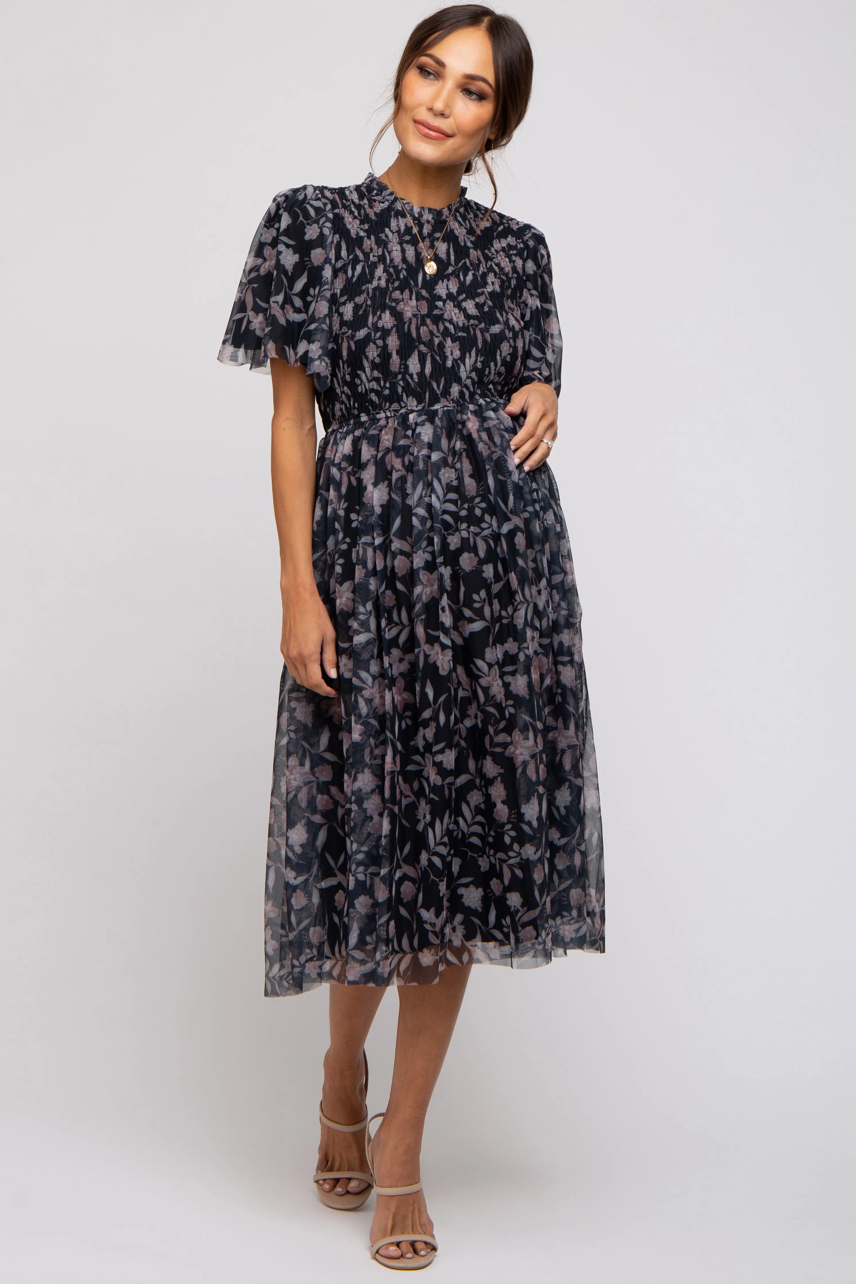 Black Floral Smocked Mesh Knit Maternity Midi Dress sold by Pinkblush product image thumbnail 5