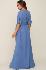 Blue Chiffon V-Neck Smocked Waist Maternity Maxi Dress sold by Pinkblush