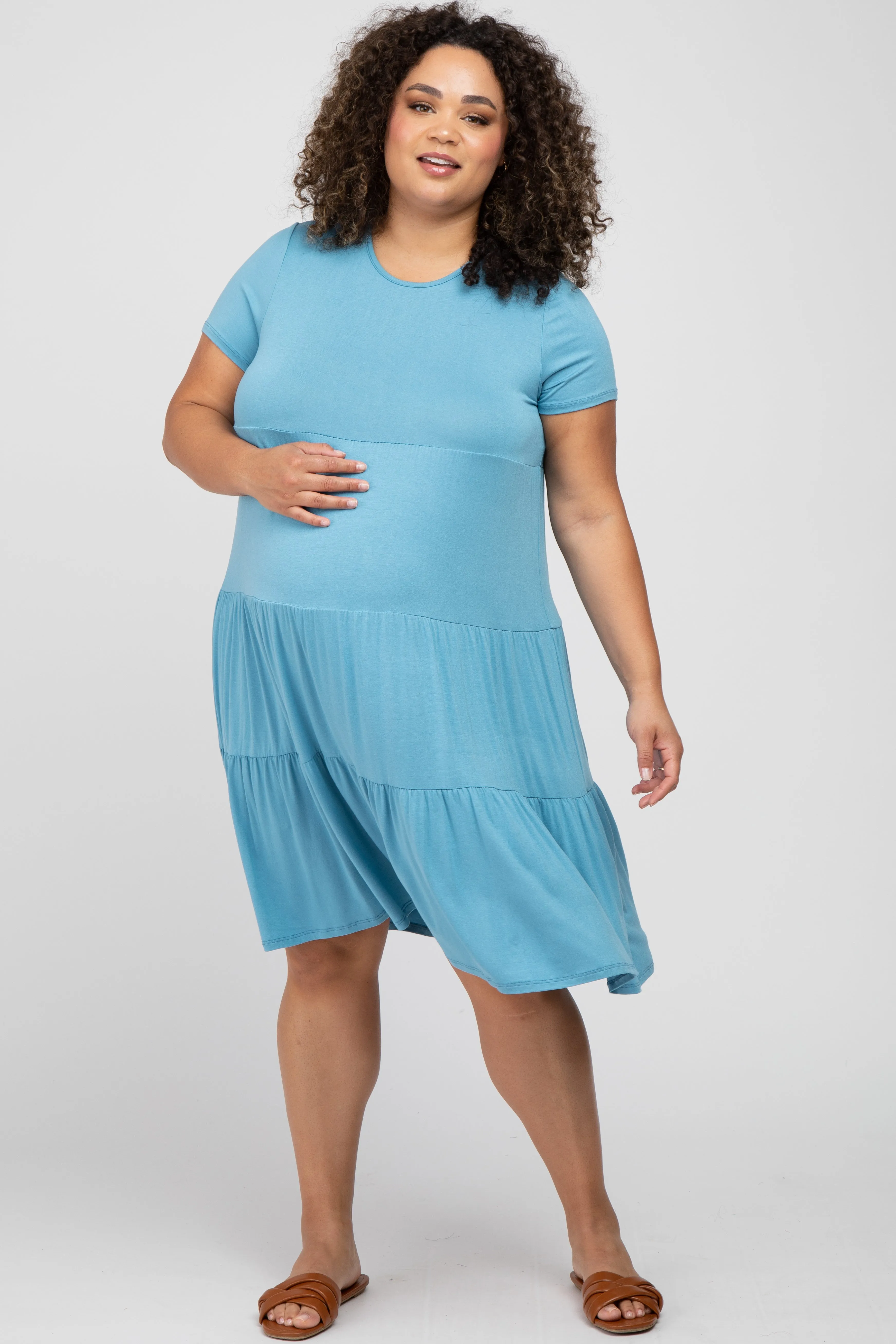 Aqua Blue Tiered Maternity Plus Dress sold by Pinkblush