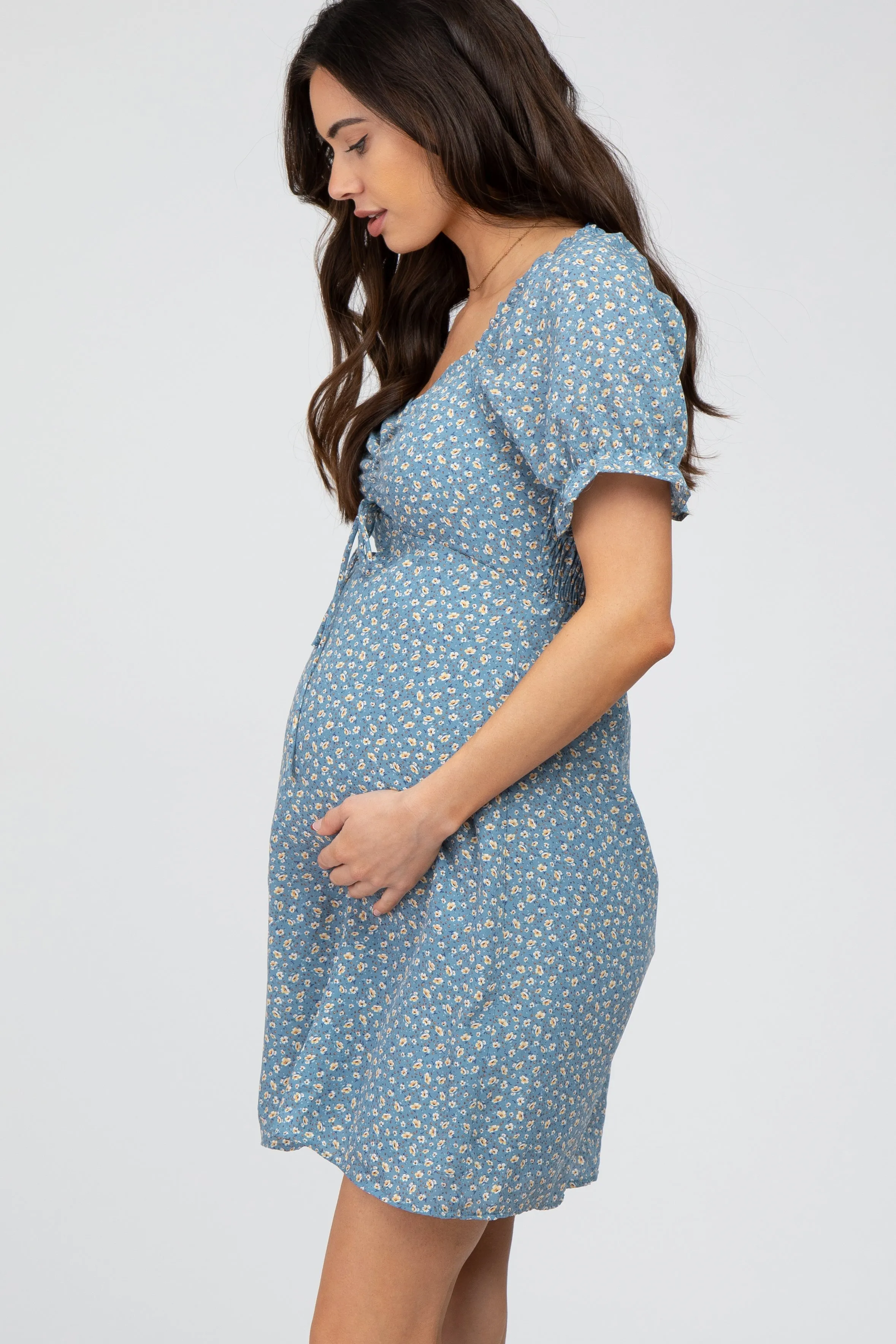 Blue Floral Cinched Sweetheart Neck Maternity Dress sold by Pinkblush product image thumbnail 3