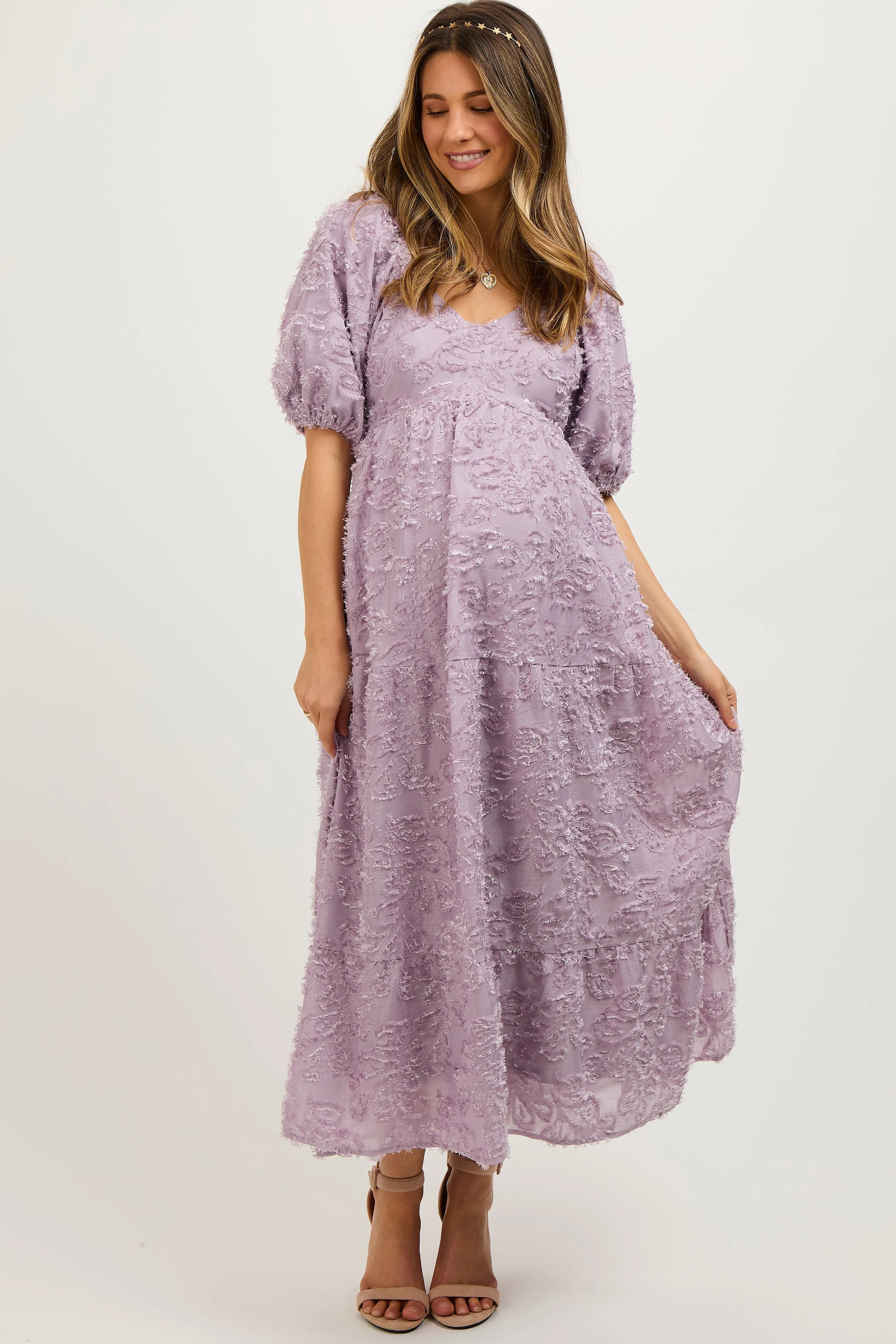 Lavender Fringe Textured Short Puff Sleeve Maternity Midi Dress sold by Pinkblush product image thumbnail 3