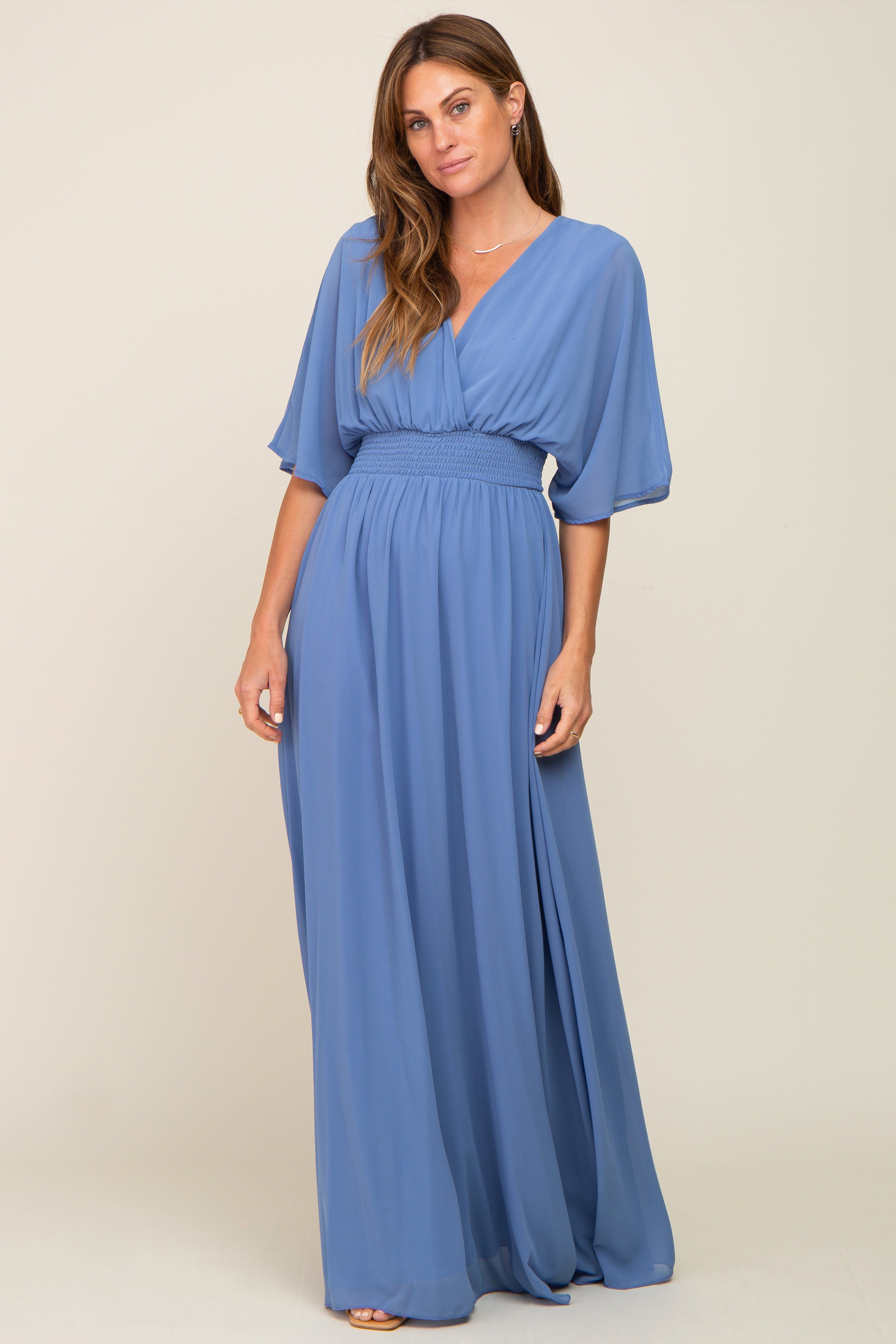 Blue Chiffon V-Neck Smocked Waist Maternity Maxi Dress sold by Pinkblush product image thumbnail 4