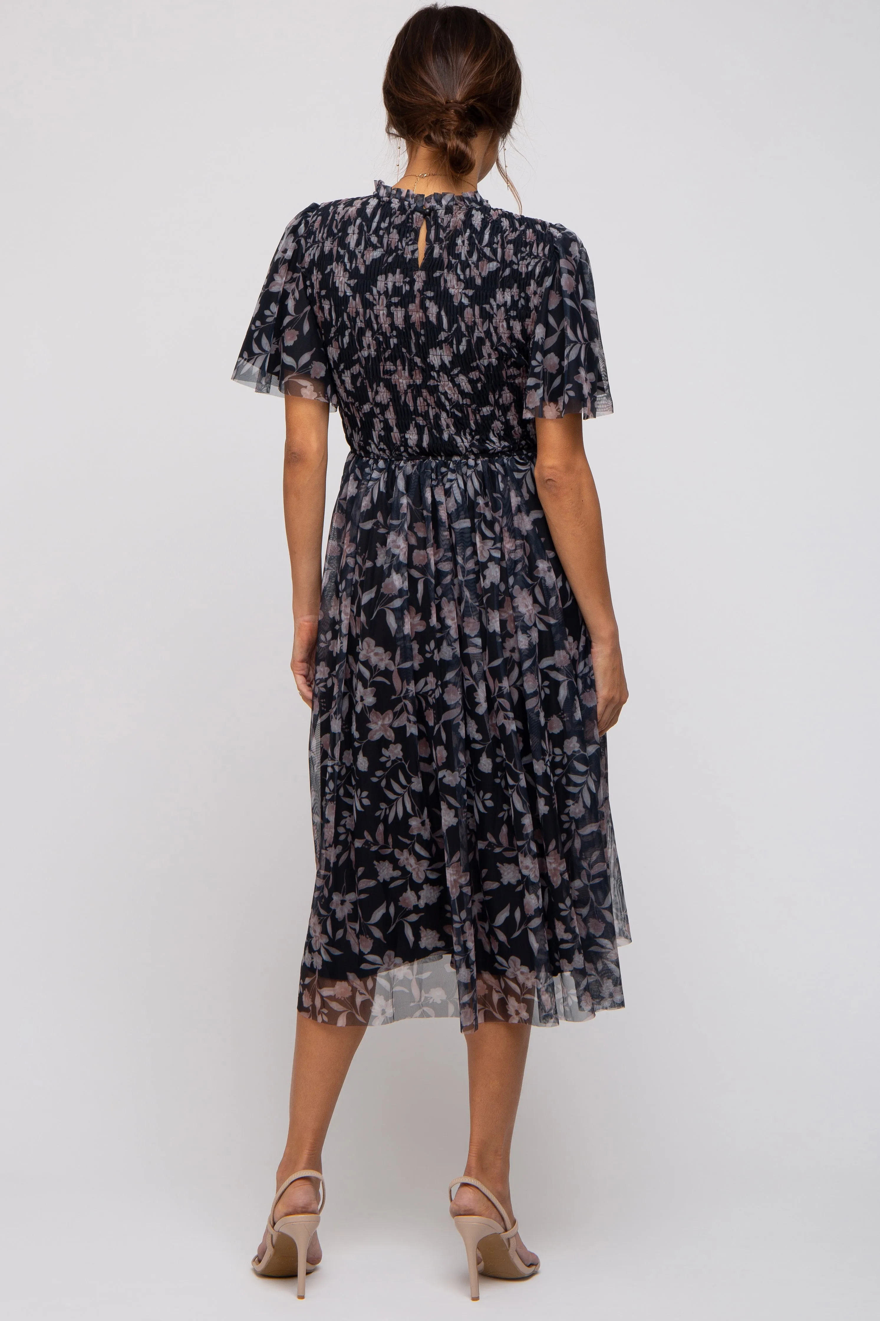 Black Floral Smocked Mesh Knit Maternity Midi Dress sold by Pinkblush product image thumbnail 3