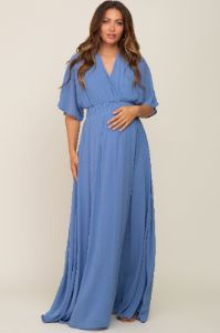 Blue Chiffon V-Neck Smocked Waist Maternity Maxi Dress sold by Pinkblush