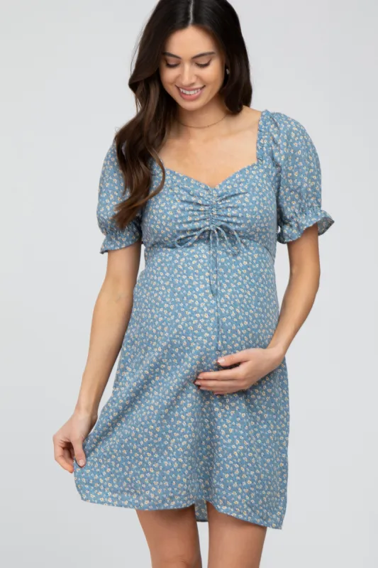 Blue Floral Cinched Sweetheart Neck Maternity Dress sold by Pinkblush