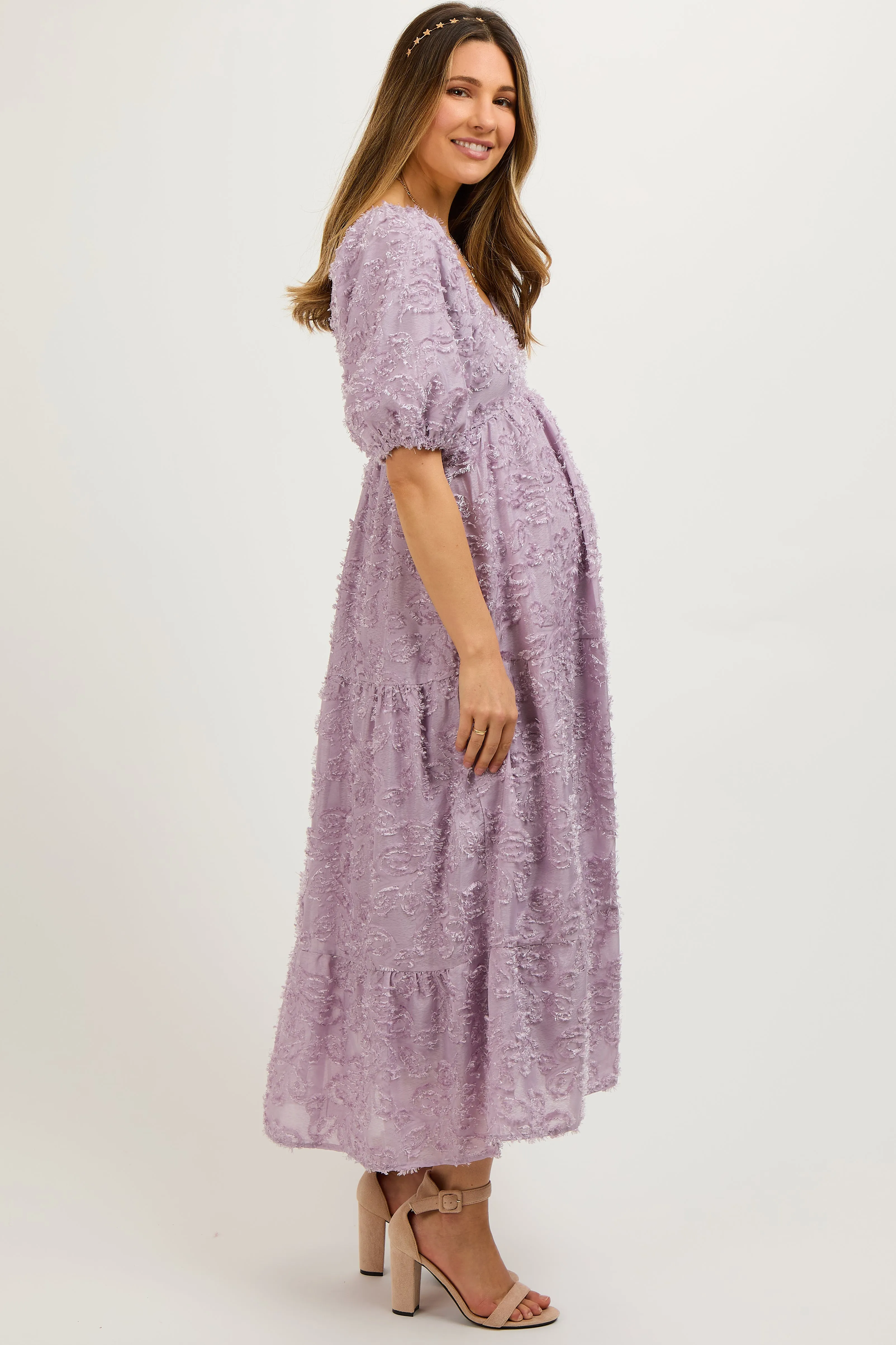 Lavender Fringe Textured Short Puff Sleeve Maternity Midi Dress sold by Pinkblush product image thumbnail 4
