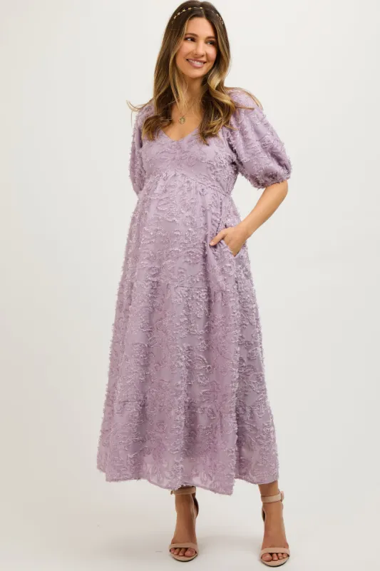 Lavender Fringe Textured Short Puff Sleeve Maternity Midi Dress made by Polagram