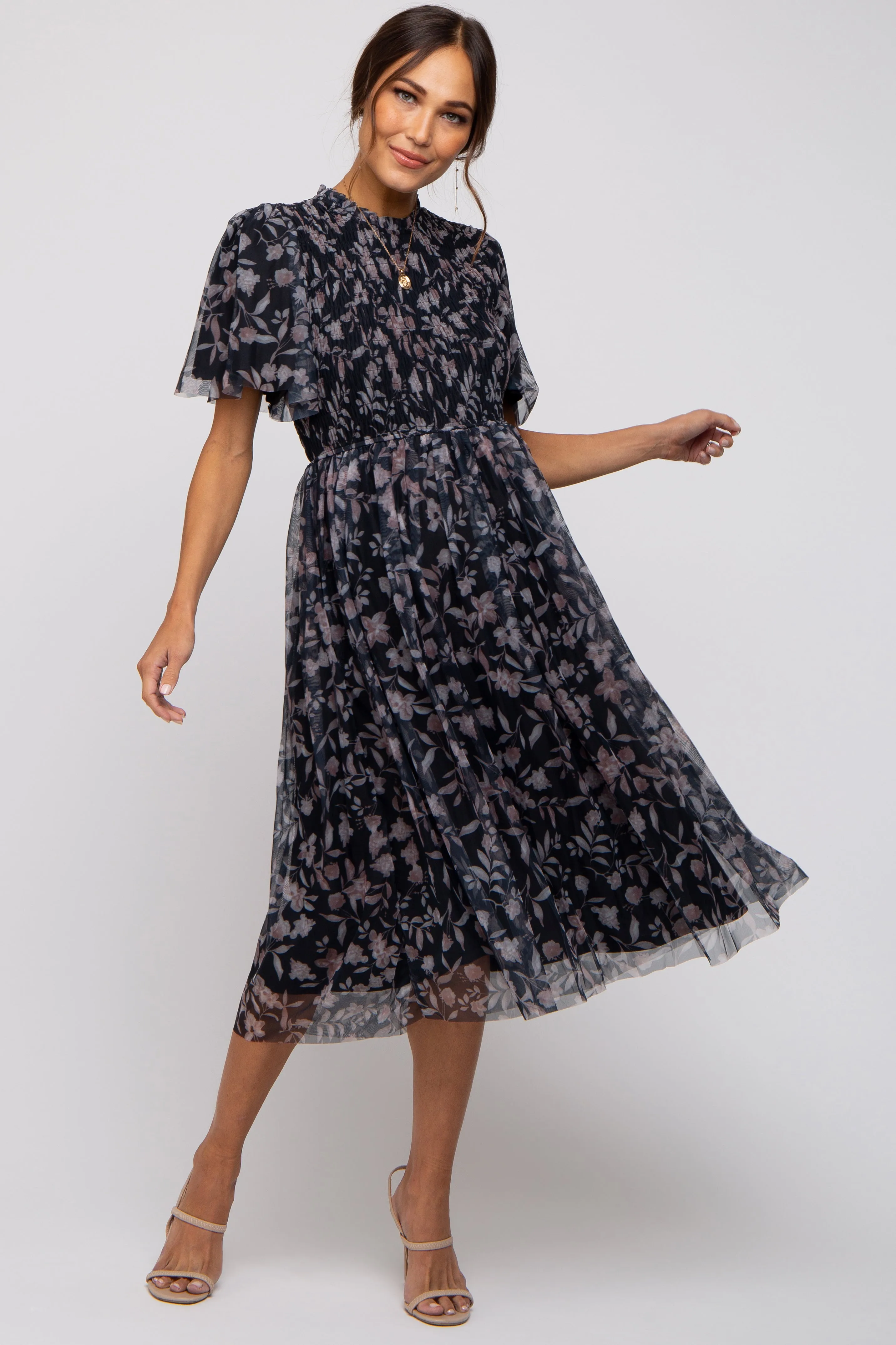 Black Floral Smocked Mesh Knit Maternity Midi Dress sold by Pinkblush product image thumbnail 4