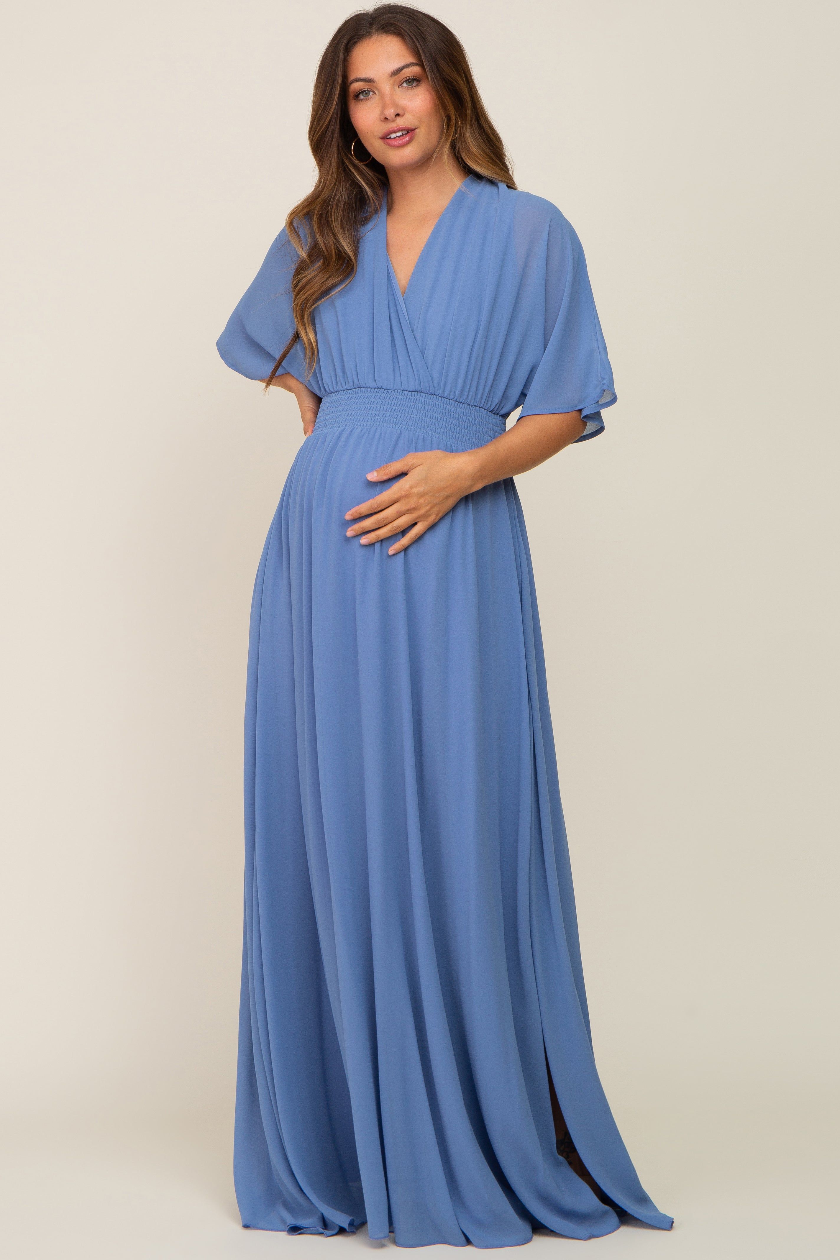 Blue Chiffon V-Neck Smocked Waist Maternity Maxi Dress sold by Pinkblush product image thumbnail 2