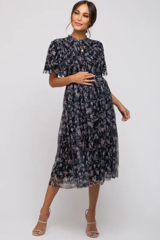 Black Floral Smocked Mesh Knit Maternity Midi Dress sold by Pinkblush