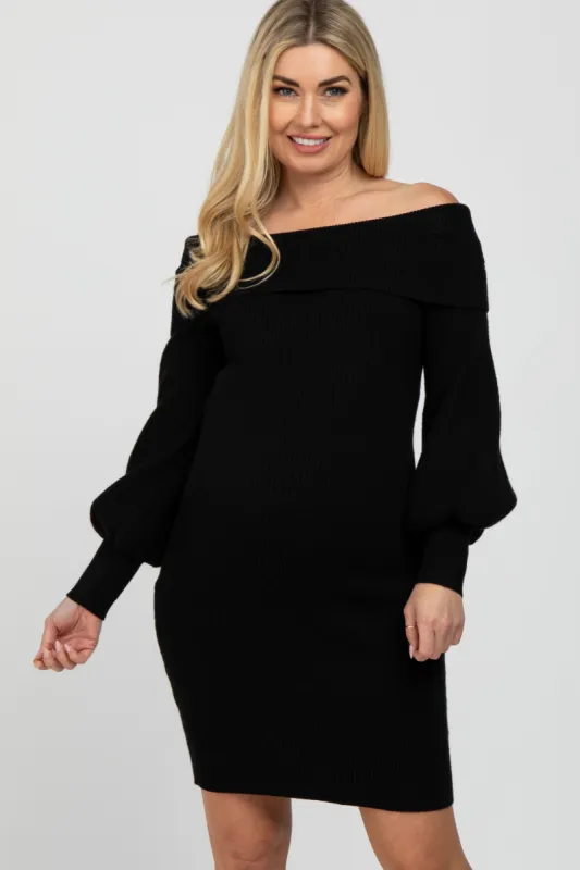 Black Off Shoulder Bubble Sleeve Maternity Sweater Dress sold by Pinkblush