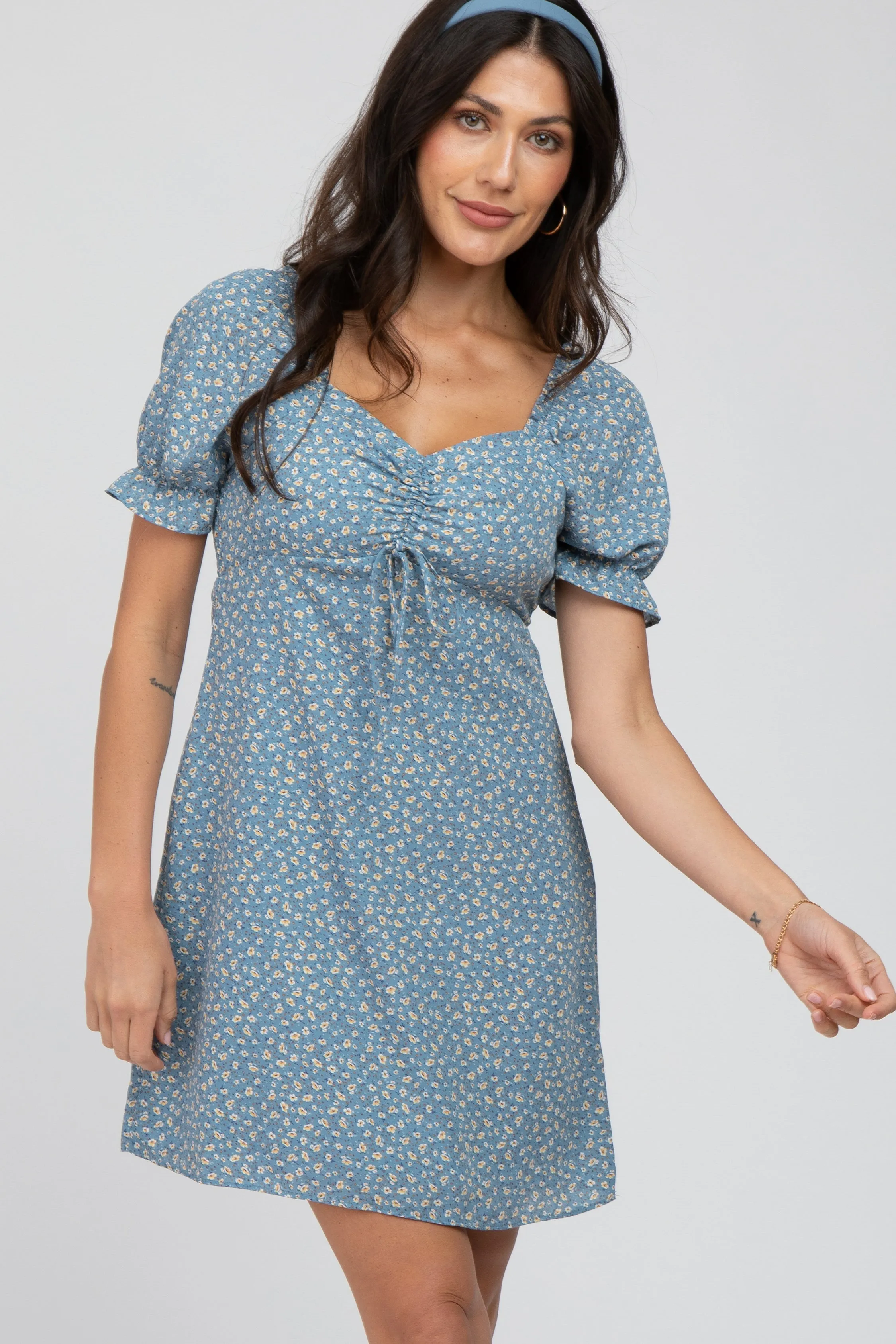 Blue Floral Cinched Sweetheart Neck Maternity Dress sold by Pinkblush product image thumbnail 5