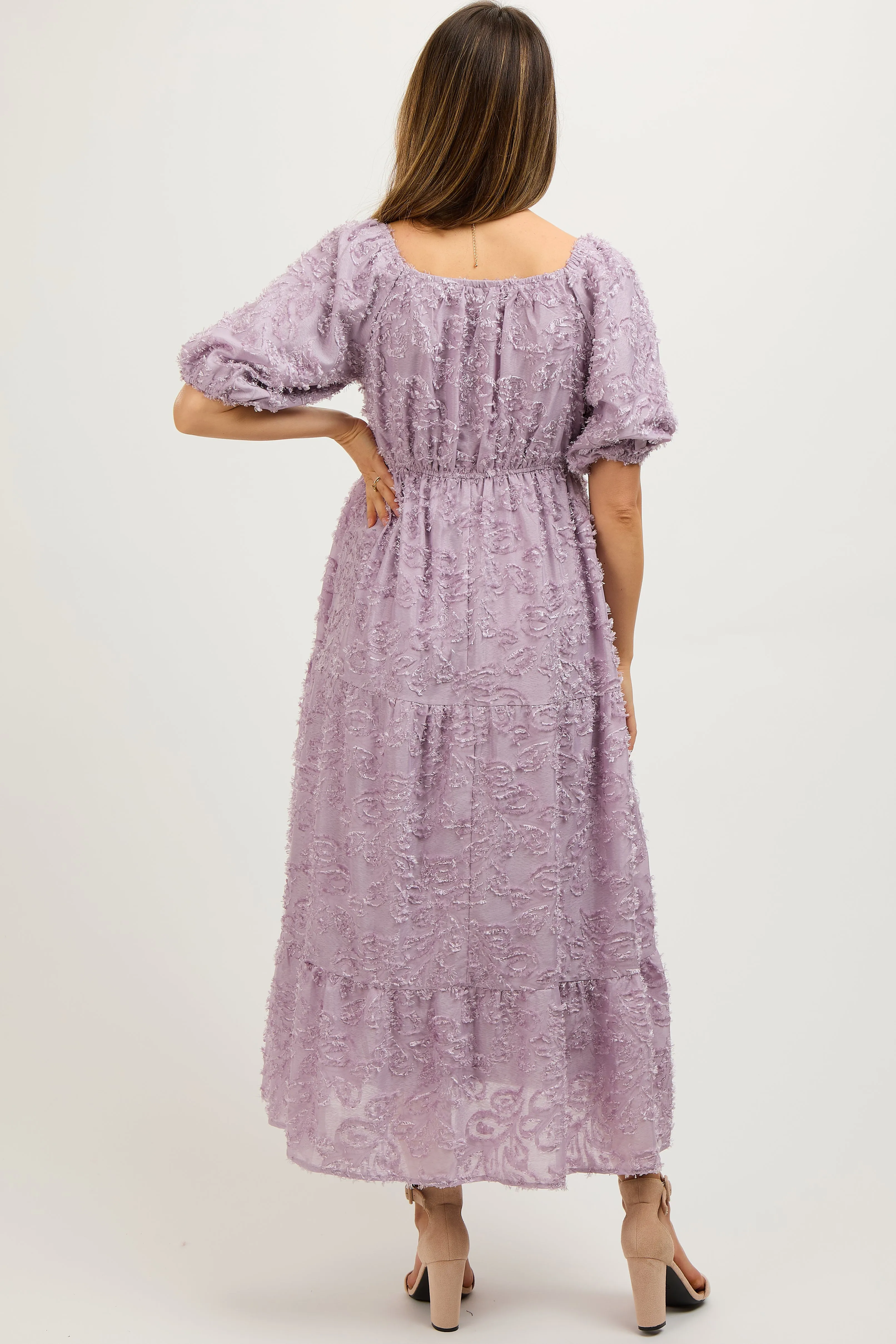 Lavender Fringe Textured Short Puff Sleeve Maternity Midi Dress sold by Pinkblush product image thumbnail 5