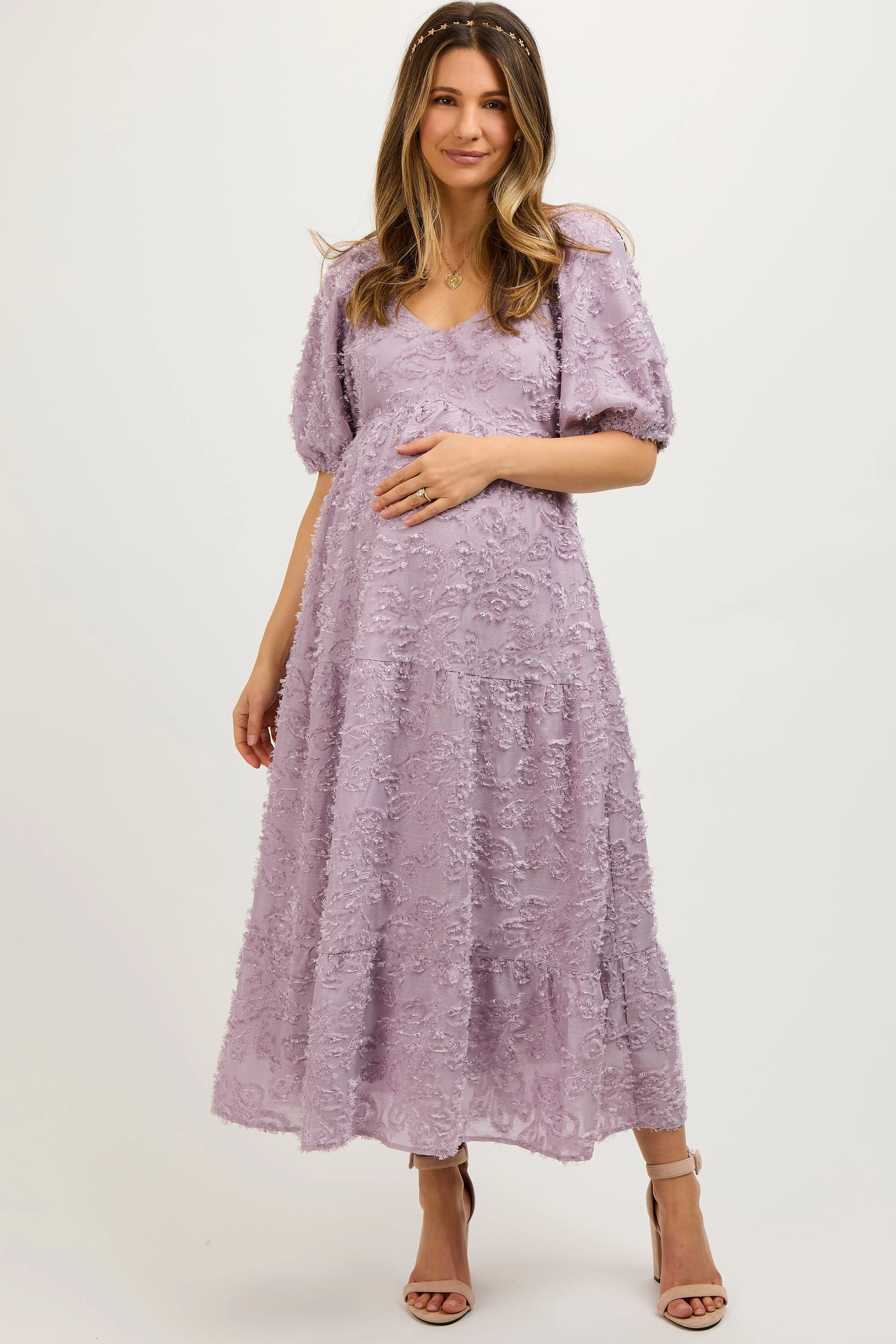 Lavender Fringe Textured Short Puff Sleeve Maternity Midi Dress sold by Pinkblush product image thumbnail 2