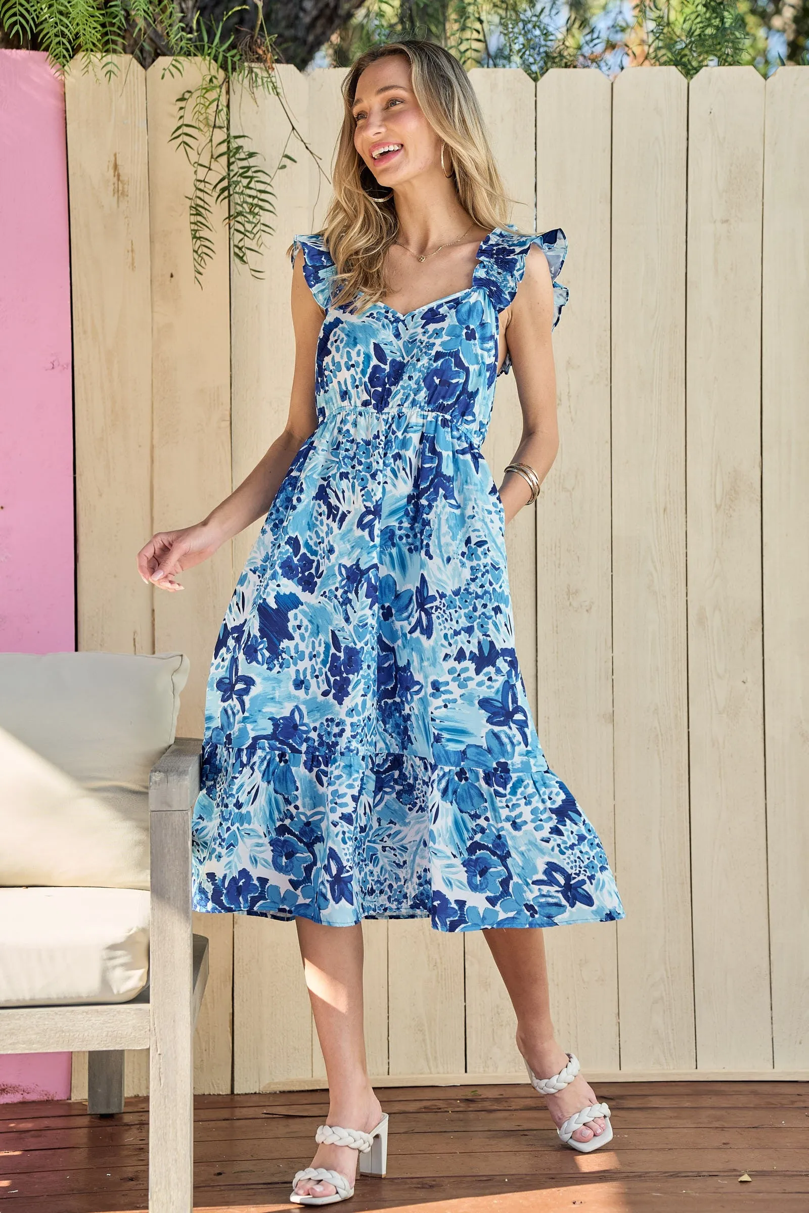 Blue Floral Ruffle Strap Midi Dress sold by Pinkblush product image thumbnail 2
