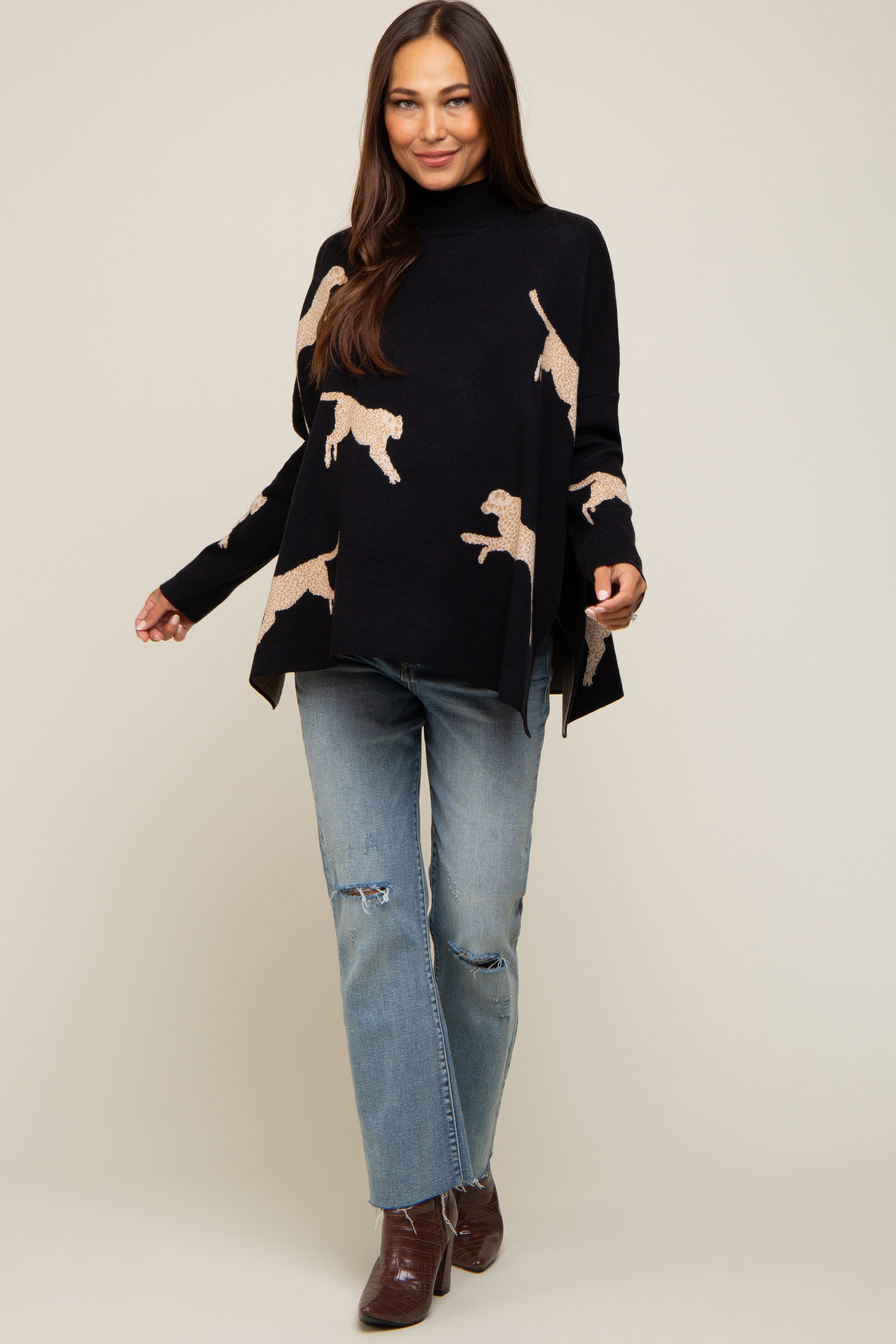 Black Animal Print Side Slit Maternity Sweater sold by Pinkblush