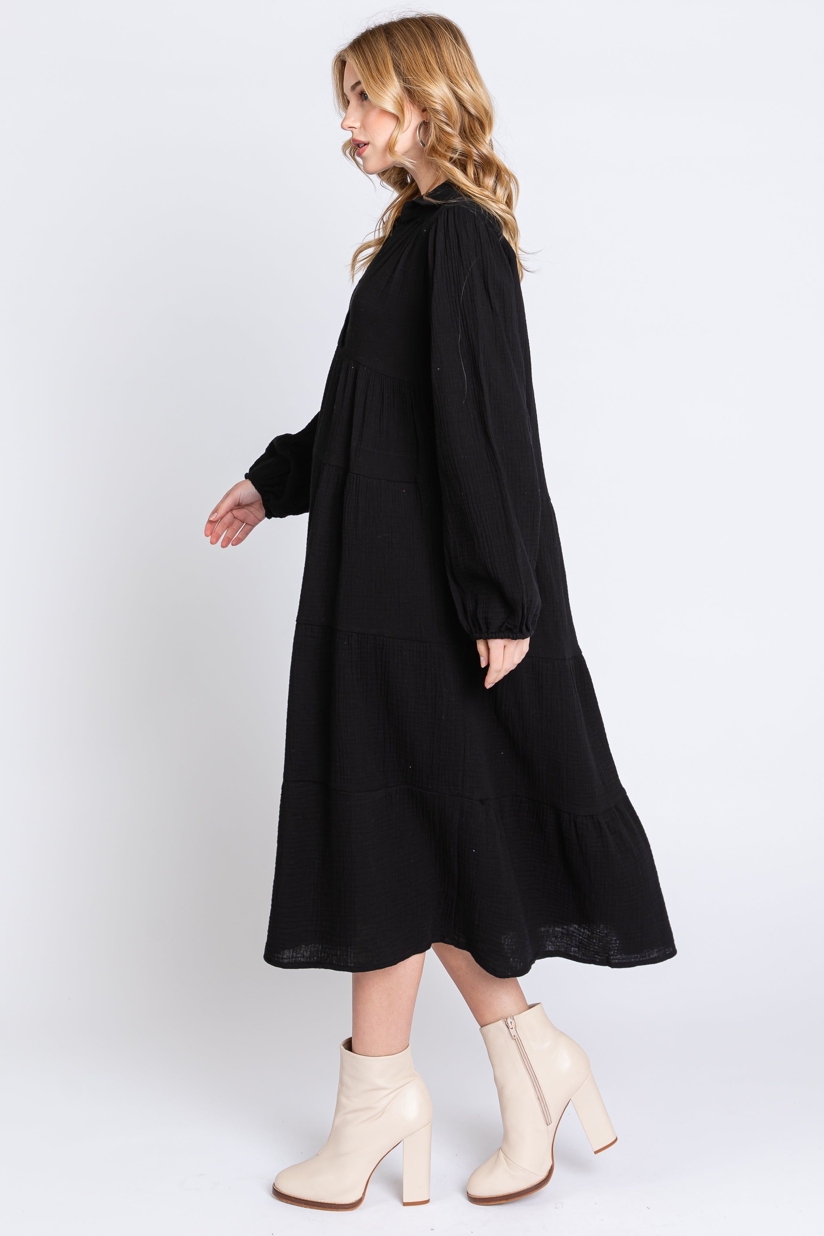 Black Light Weight Collared Tiered Midi Dress sold by Pinkblush product image thumbnail 2