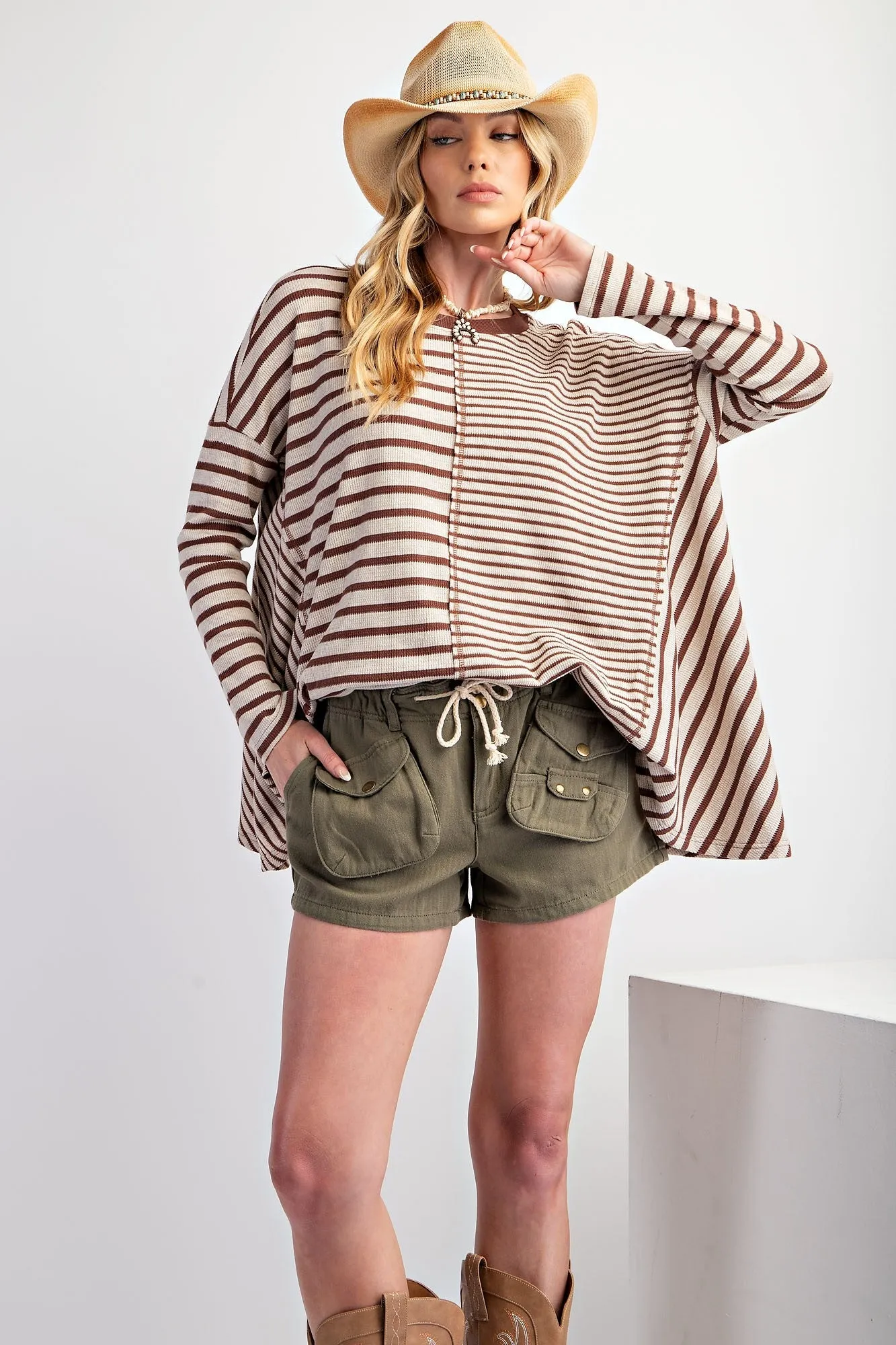 Brown Mixed Stripe Trapeze Top sold by Pinkblush