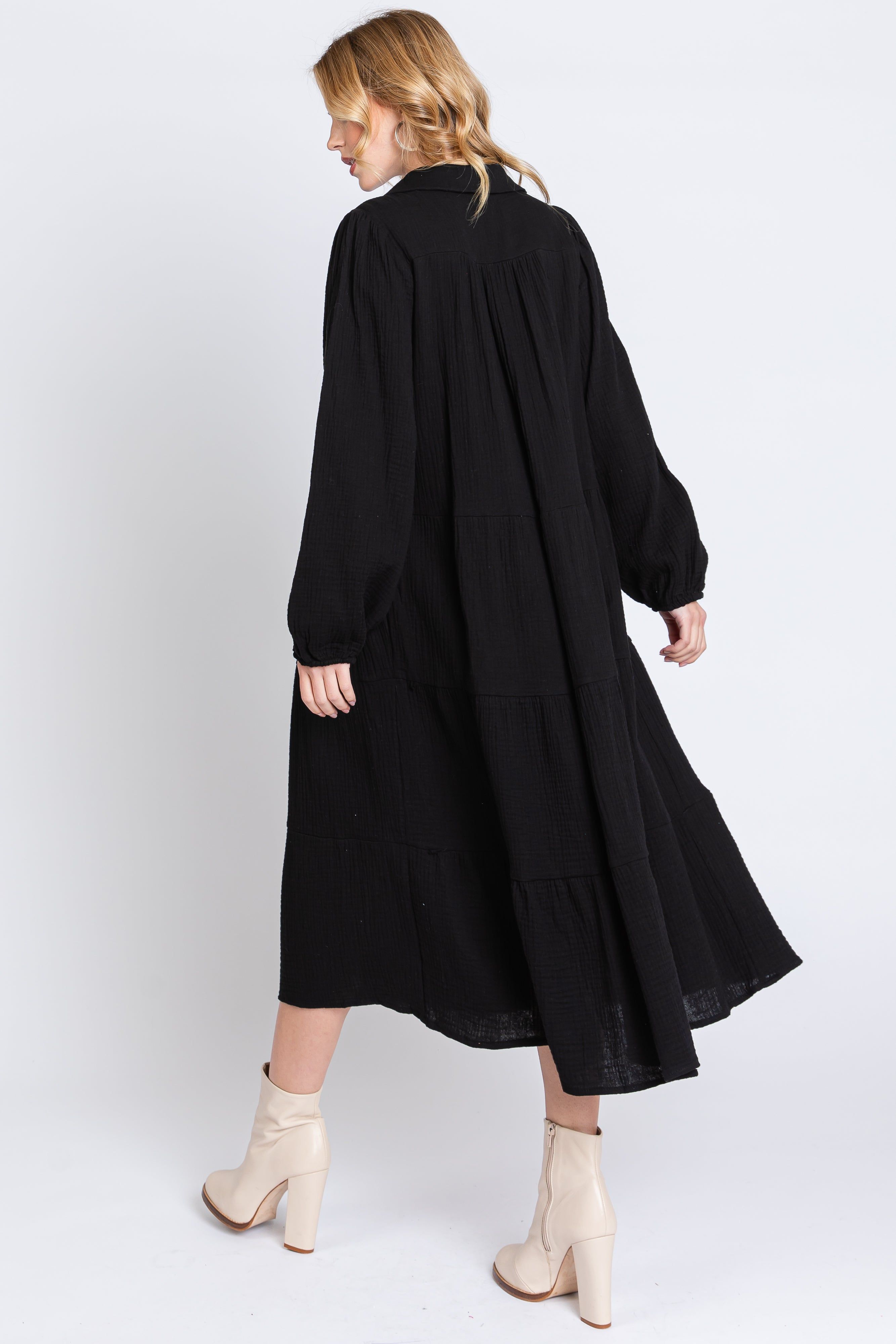 Black Light Weight Collared Tiered Midi Dress sold by Pinkblush product image thumbnail 3