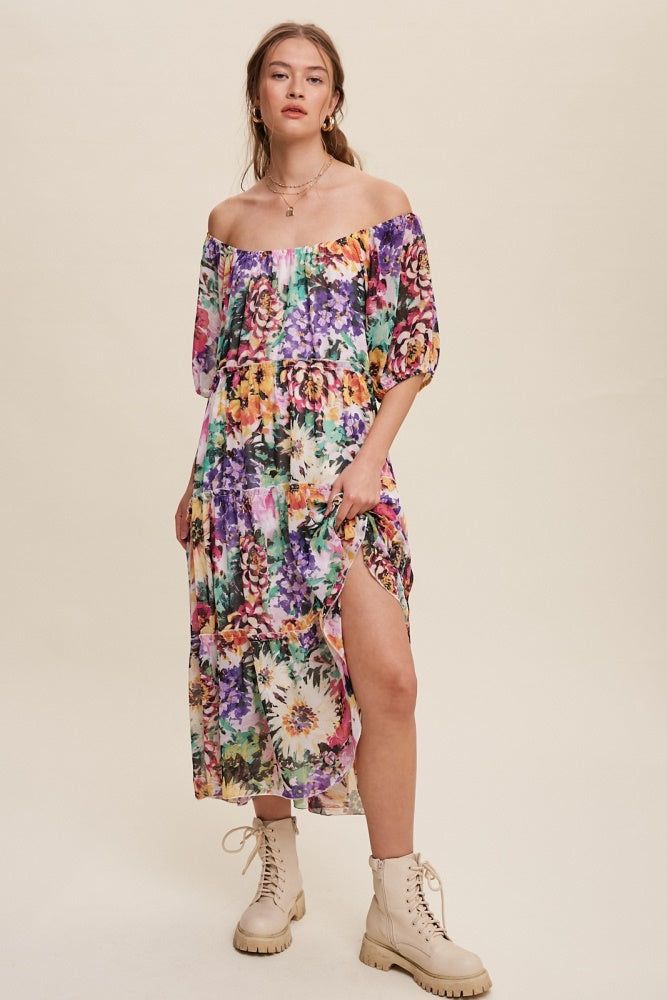 Fuchsia Flowy Flower Print Chiffon Maxi Dress sold by Pinkblush