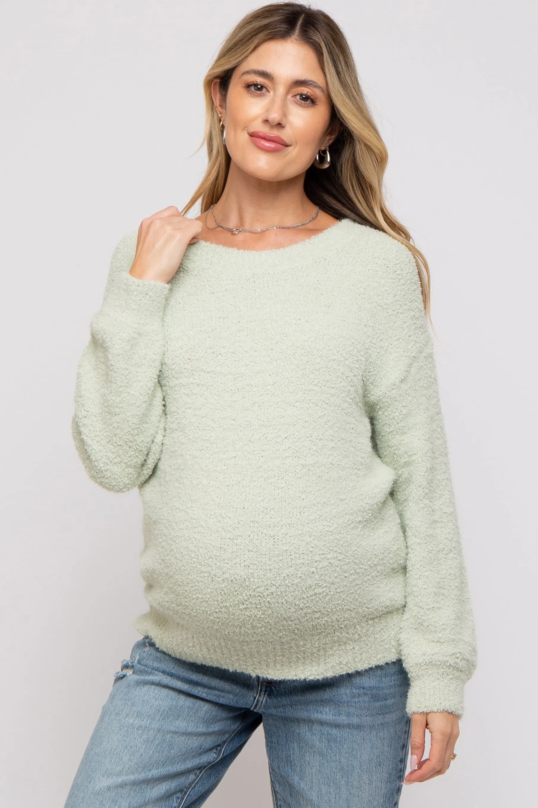 Mint Green Fuzzy Soft Knit Maternity Sweater sold by Pinkblush