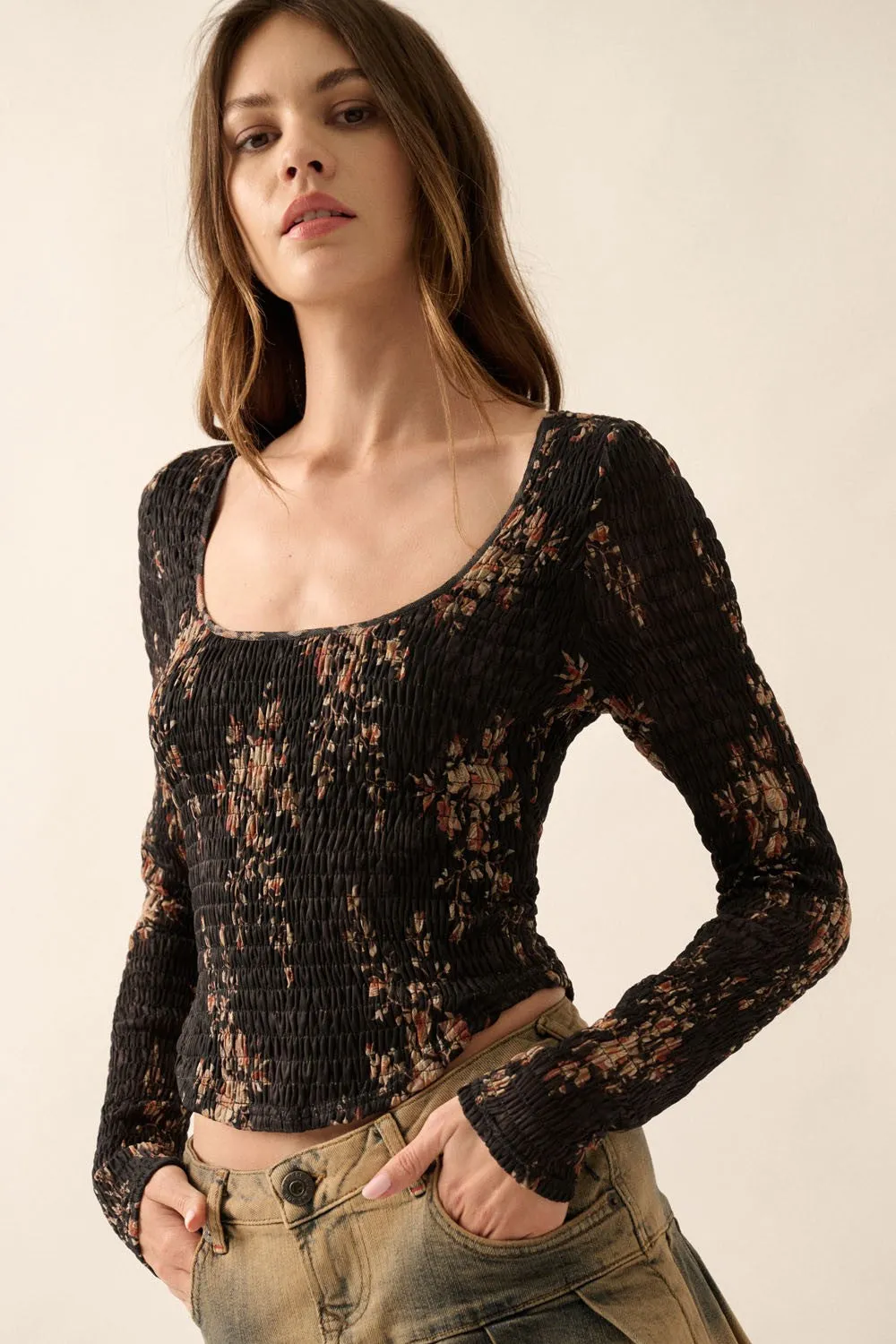 Black Floral Scoop-Neck Ruched Woven Top sold by Pinkblush