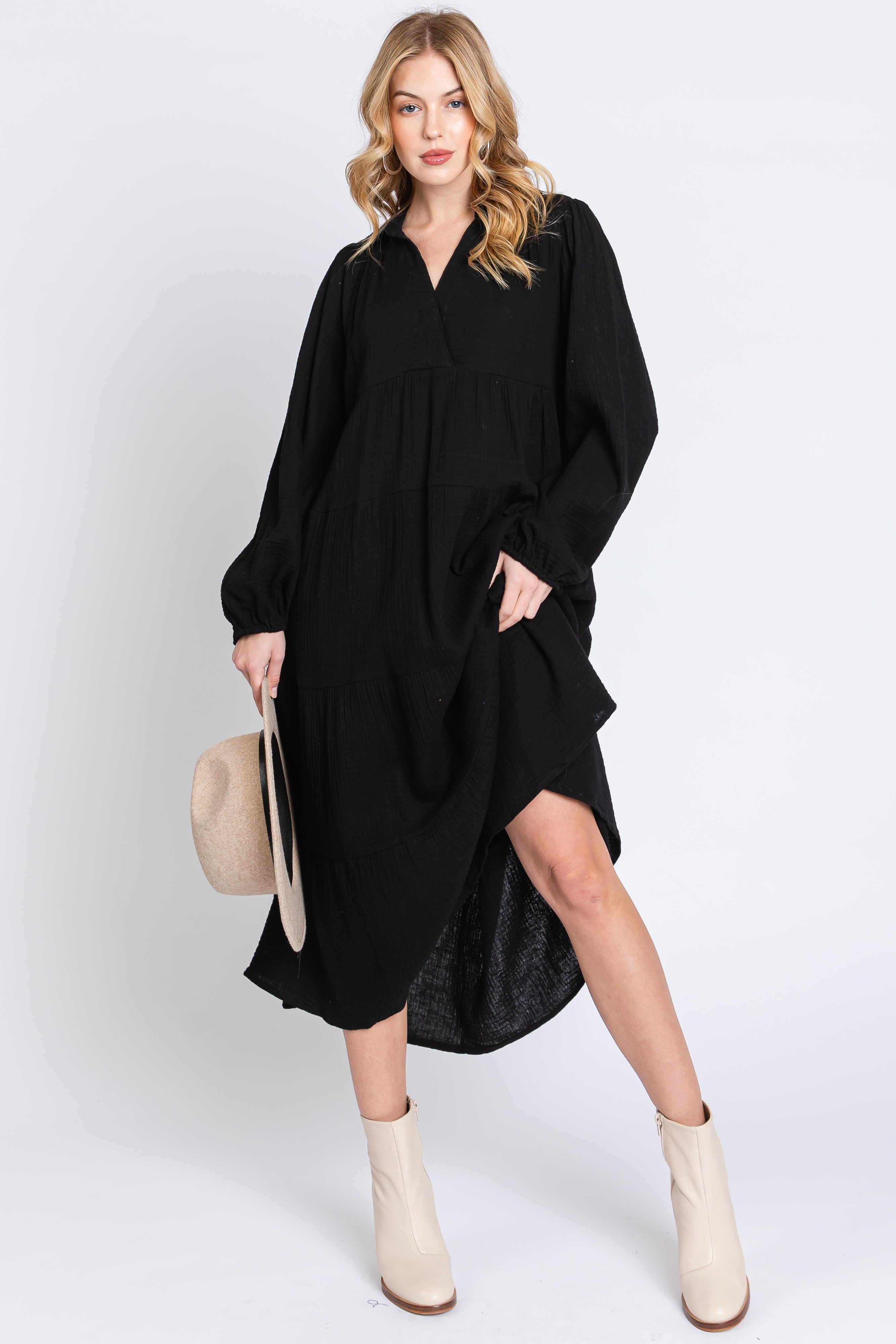 Black Light Weight Collared Tiered Midi Dress sold by Pinkblush