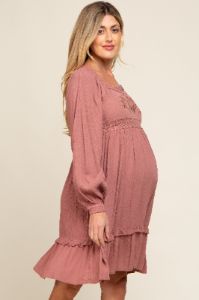 Dark Mauve Lace Embroidered Square Neck Maternity Dress sold by Pinkblush