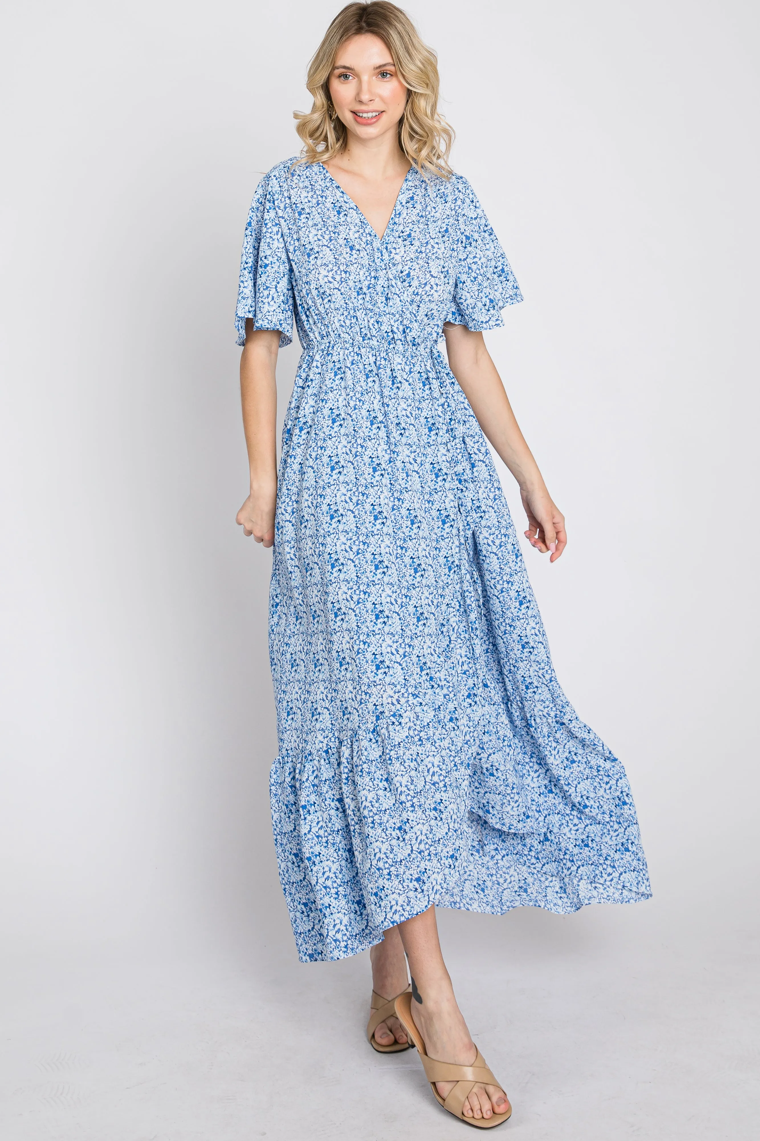Light Blue Floral Wrap Midi Dress sold by Pinkblush product image thumbnail 3