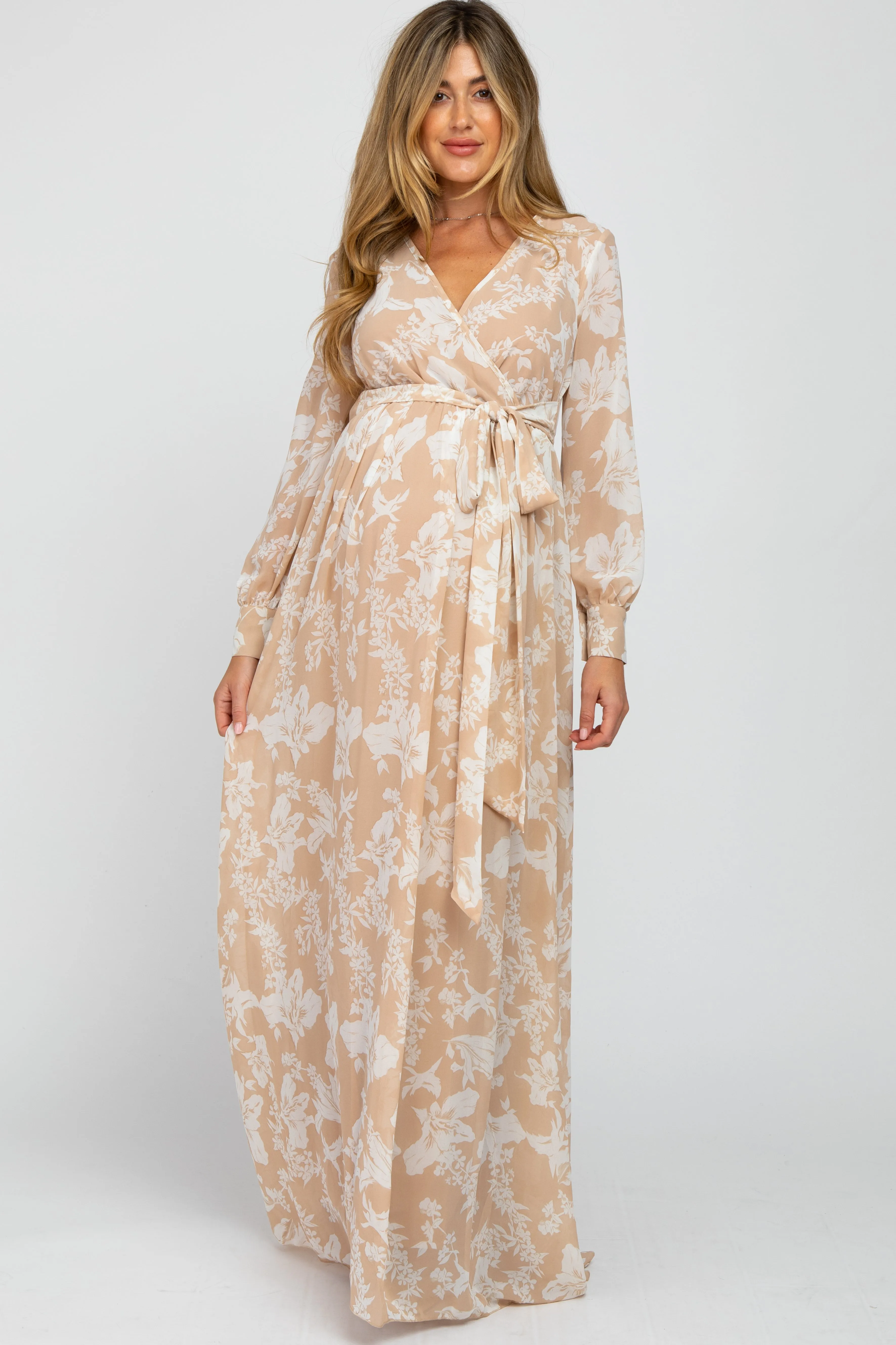 Taupe Floral Chiffon Maternity Maxi Dress sold by Pinkblush