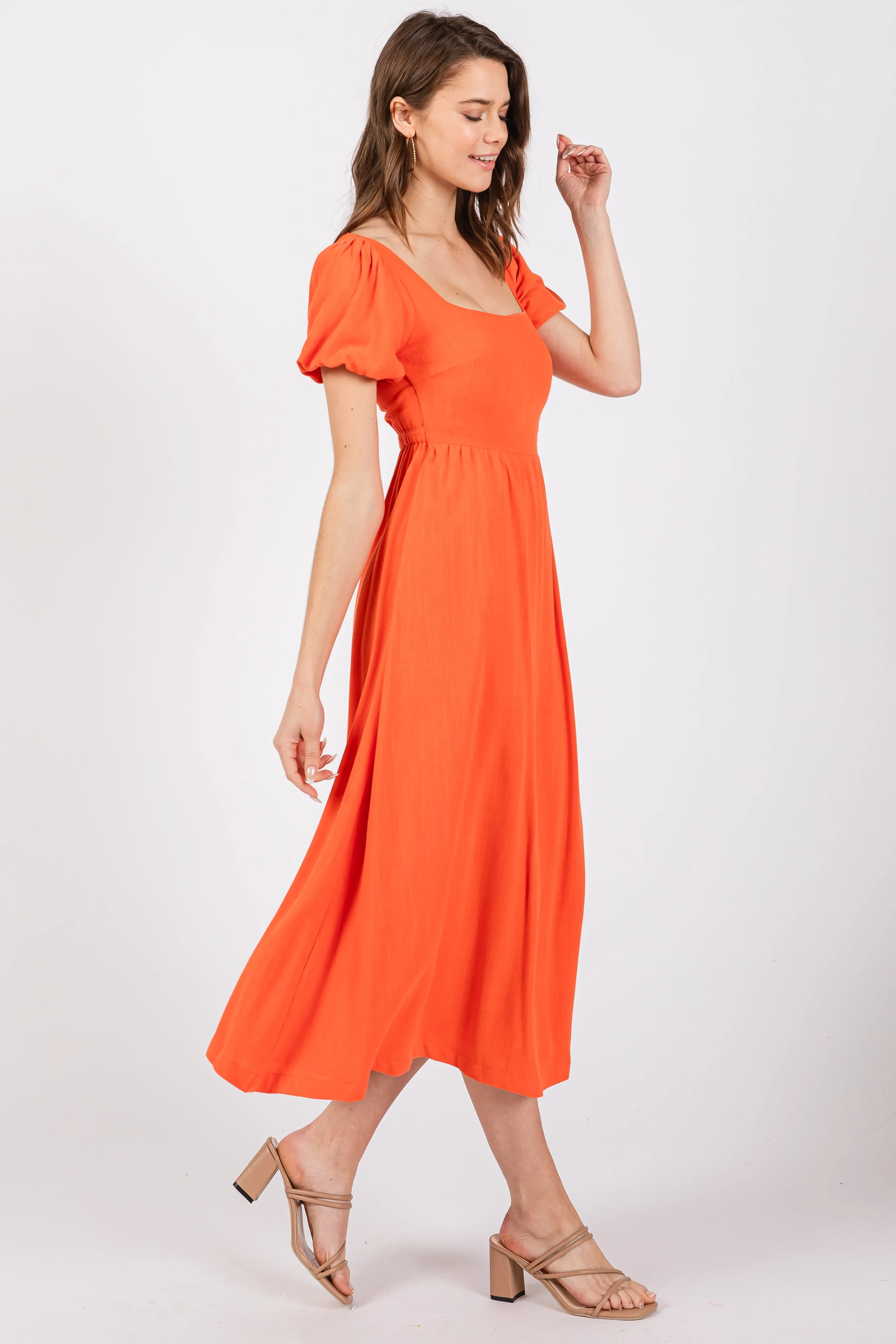 Coral Puff Sleeve Linen Midi Dress sold by Pinkblush product image thumbnail 2