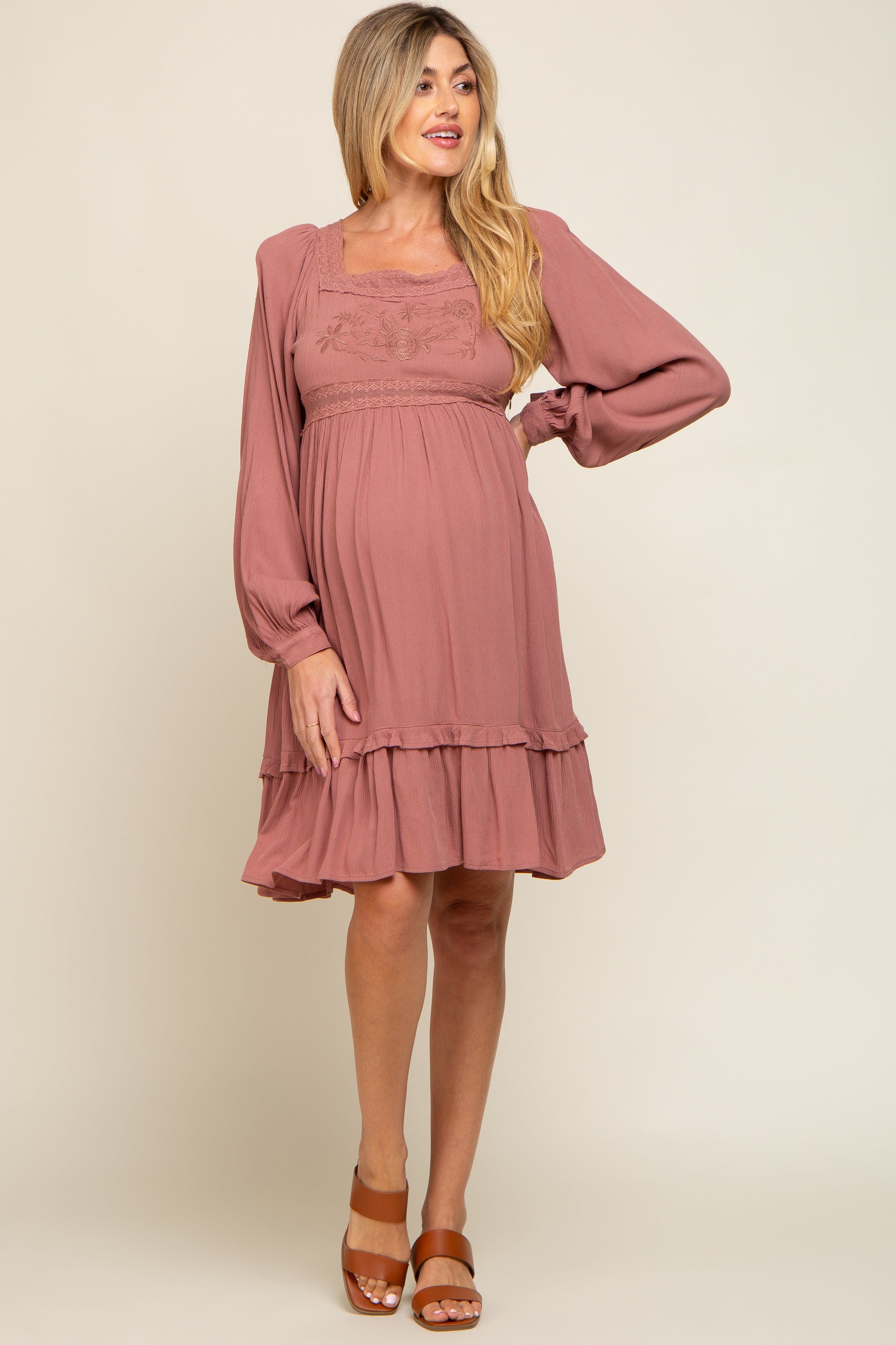 Dark Mauve Lace Embroidered Square Neck Maternity Dress sold by Pinkblush