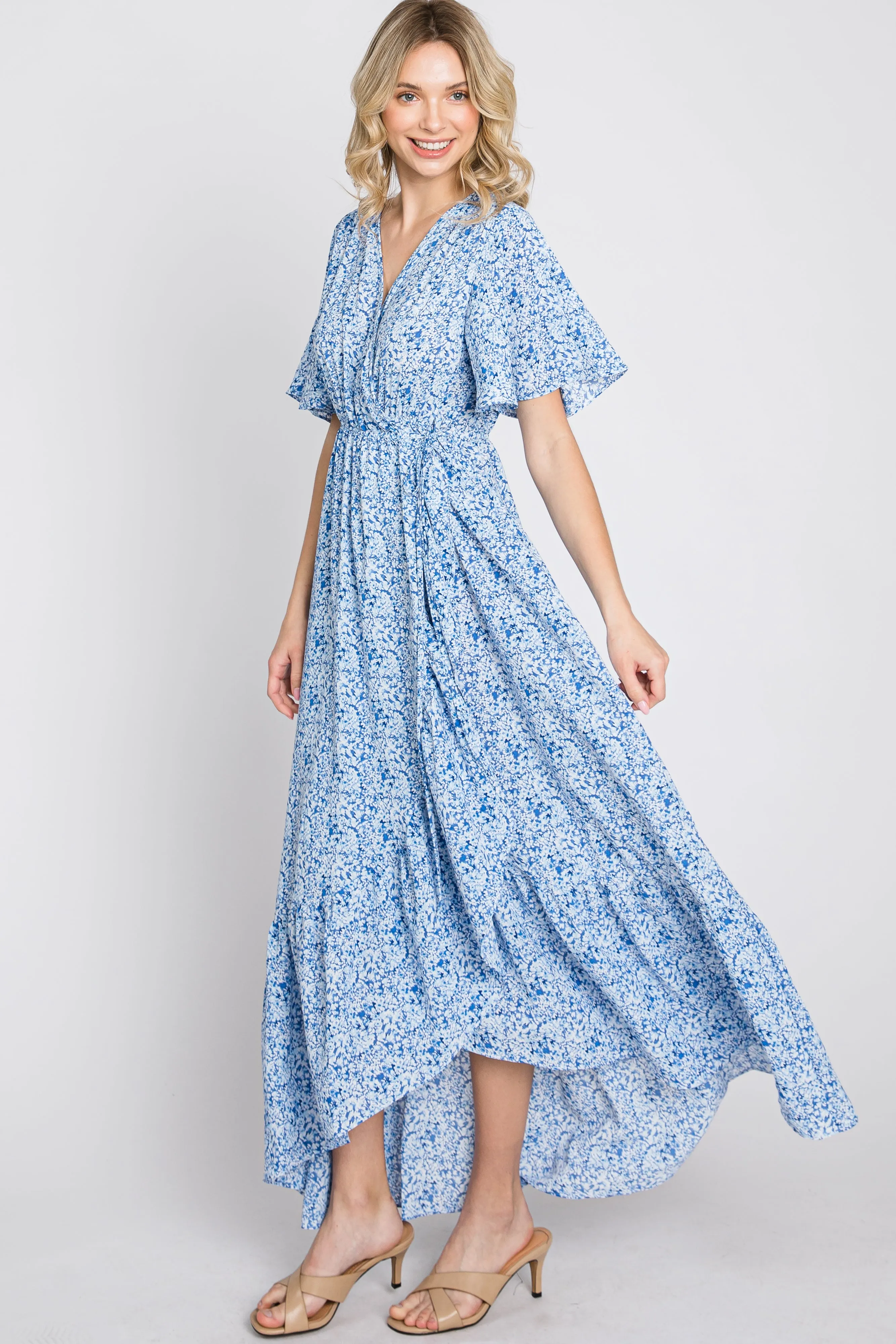Light Blue Floral Wrap Midi Dress sold by Pinkblush product image thumbnail 4
