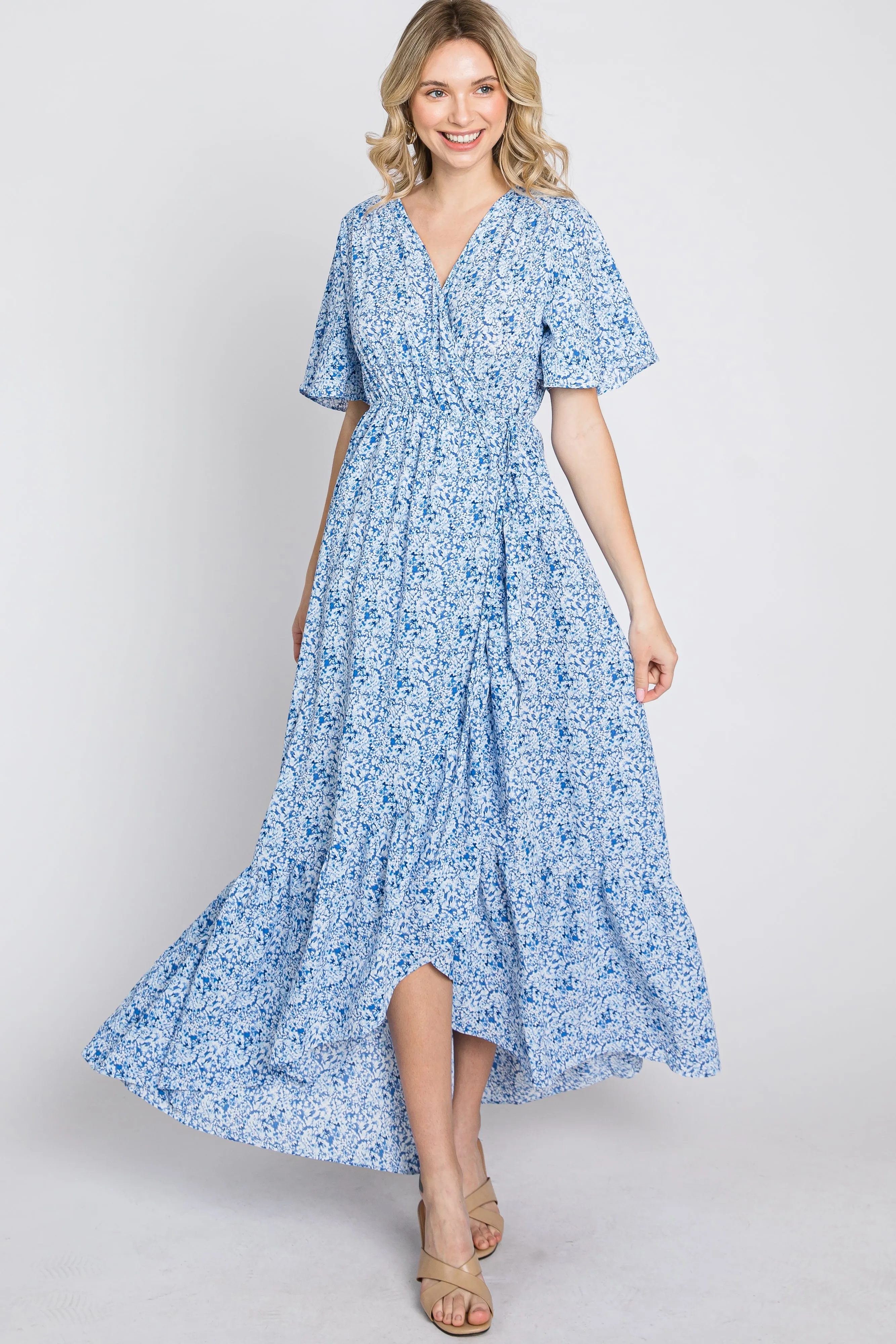 Light Blue Floral Wrap Midi Dress sold by Pinkblush