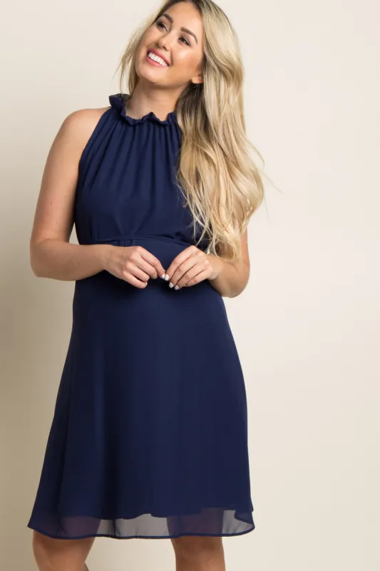 Navy Blue Chiffon High Neck Maternity Dress sold by Pinkblush