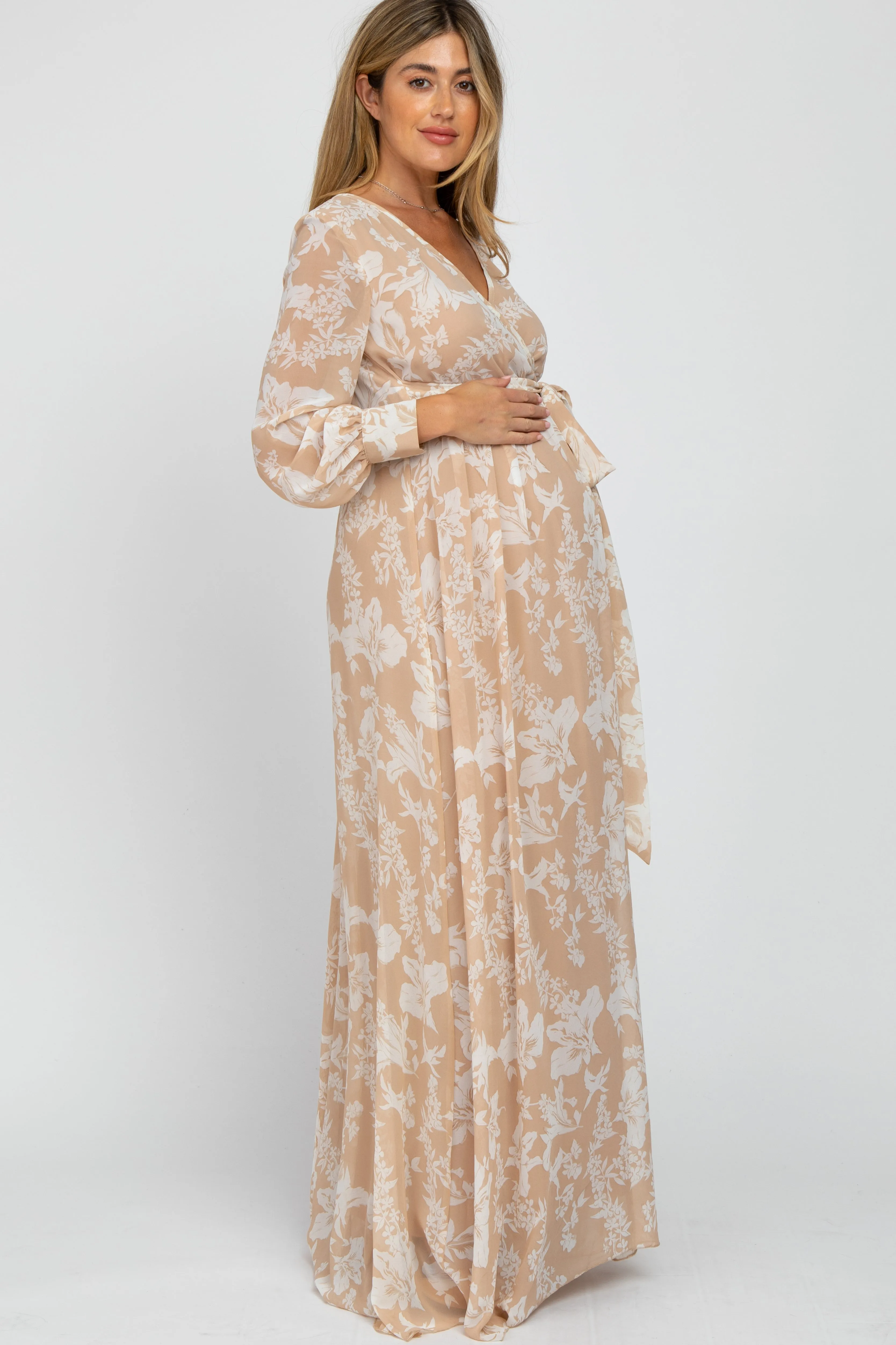 Taupe Floral Chiffon Maternity Maxi Dress sold by Pinkblush product image thumbnail 2