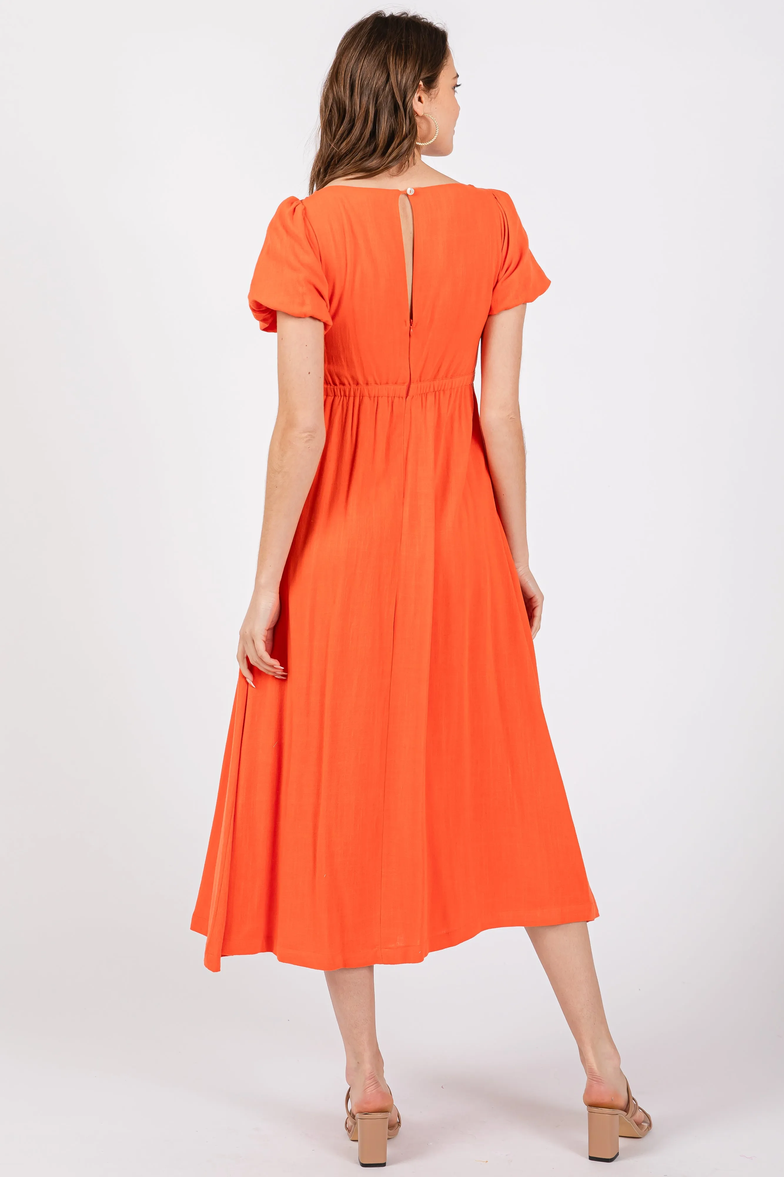 Coral Puff Sleeve Linen Midi Dress sold by Pinkblush product image thumbnail 3