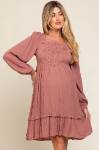 Dark Mauve Lace Embroidered Square Neck Maternity Dress sold by Pinkblush