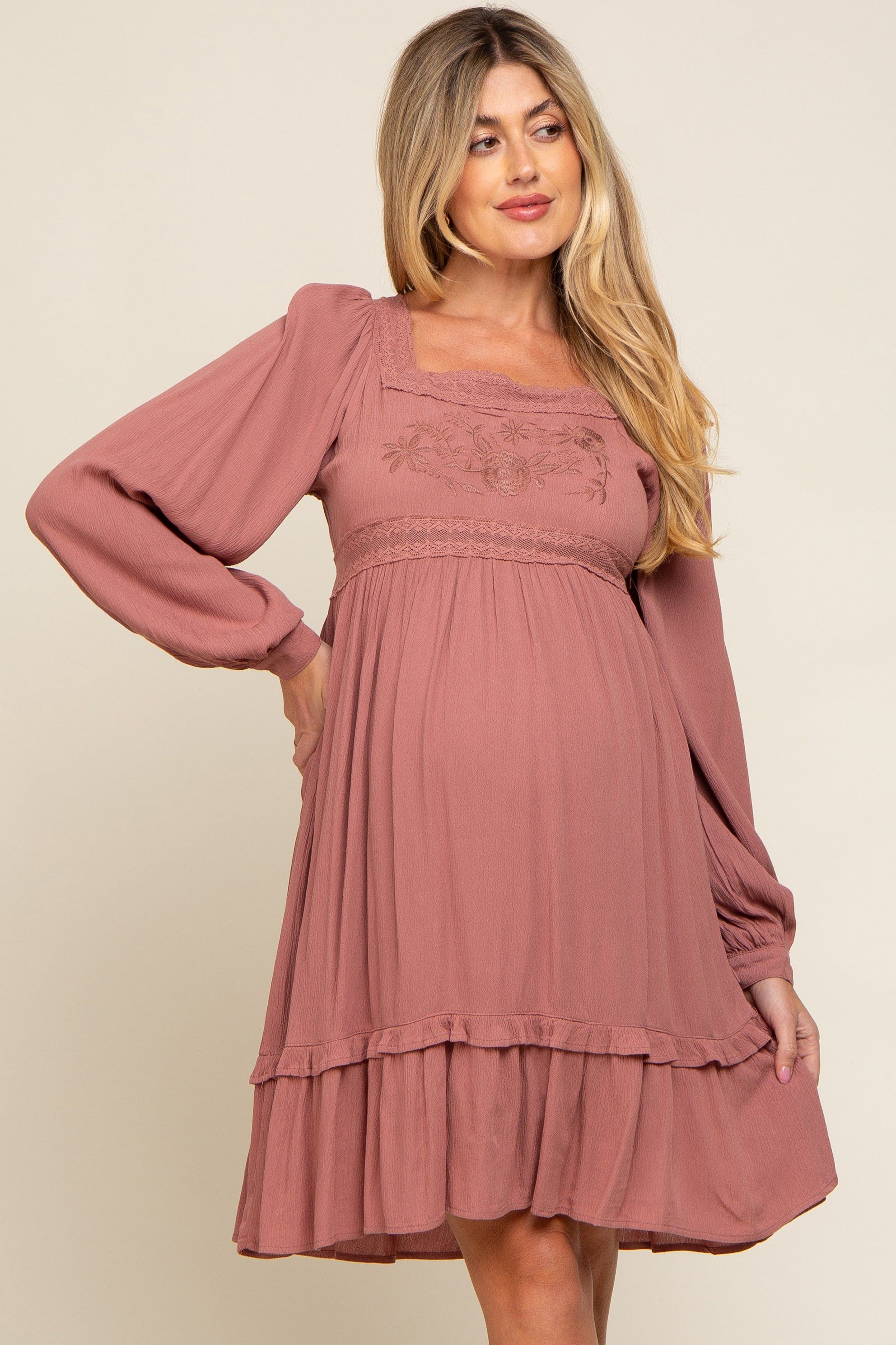 Dark Mauve Lace Embroidered Square Neck Maternity Dress sold by Pinkblush product image thumbnail 2