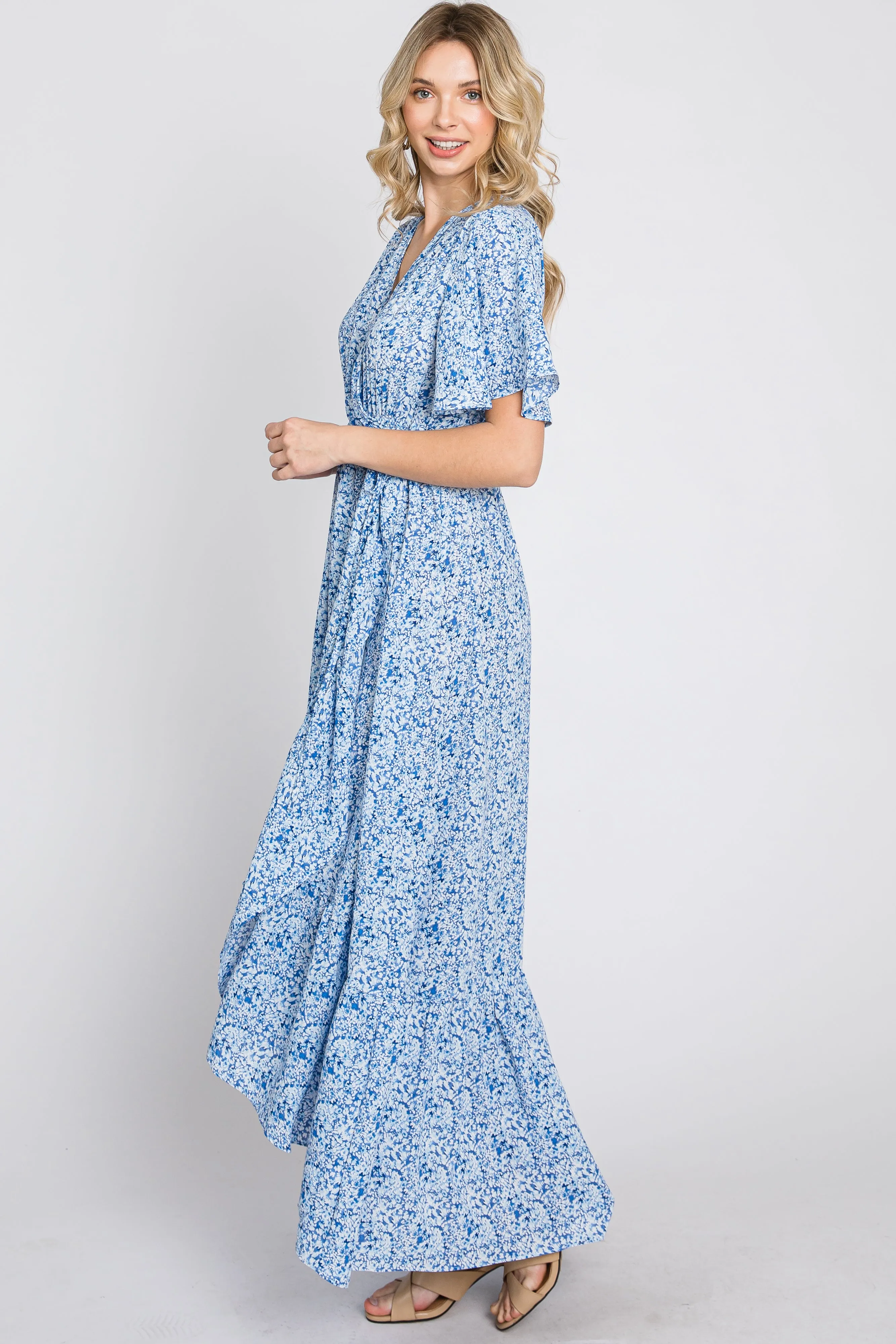 Light Blue Floral Wrap Midi Dress sold by Pinkblush product image thumbnail 5