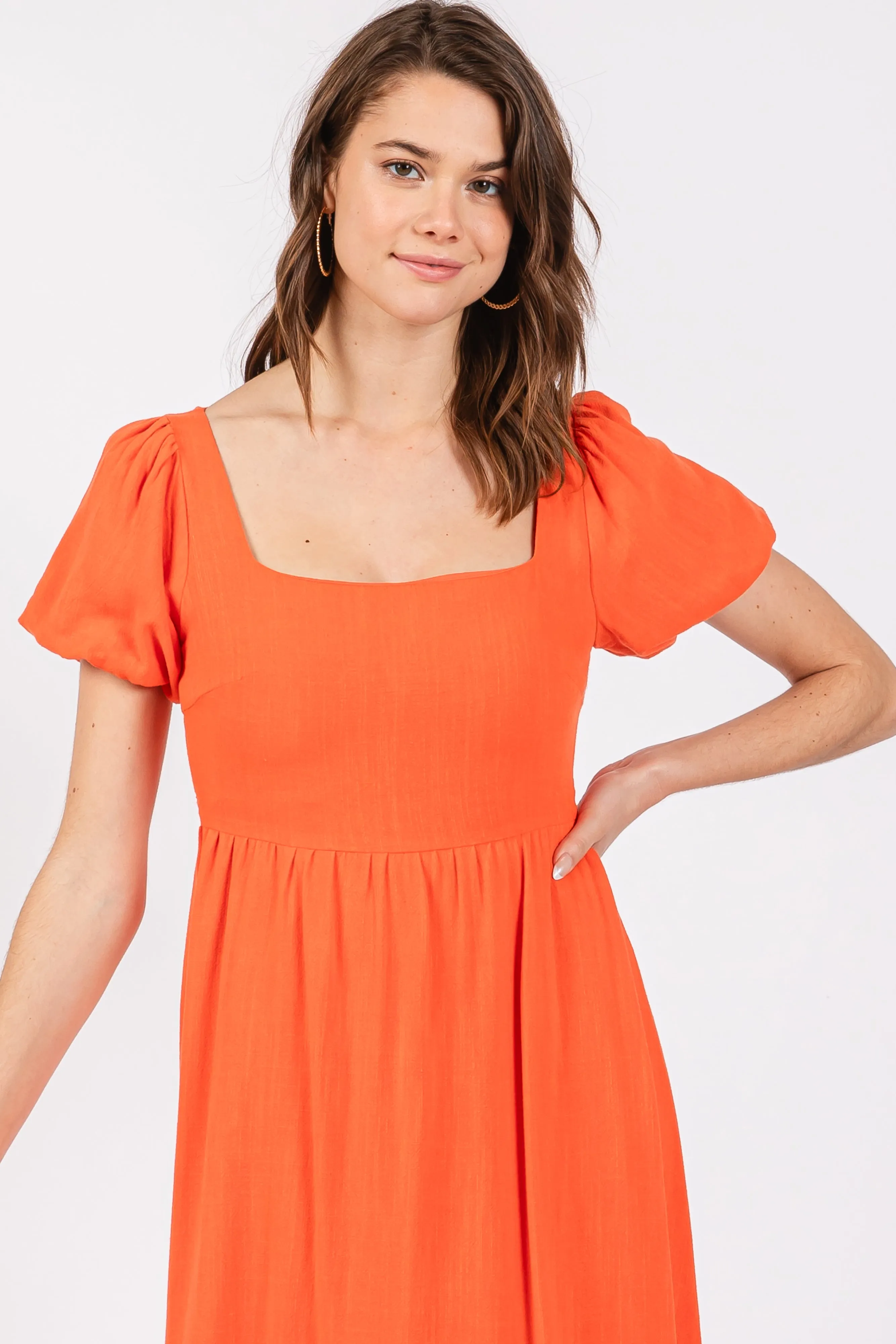 Coral Puff Sleeve Linen Midi Dress sold by Pinkblush product image thumbnail 4