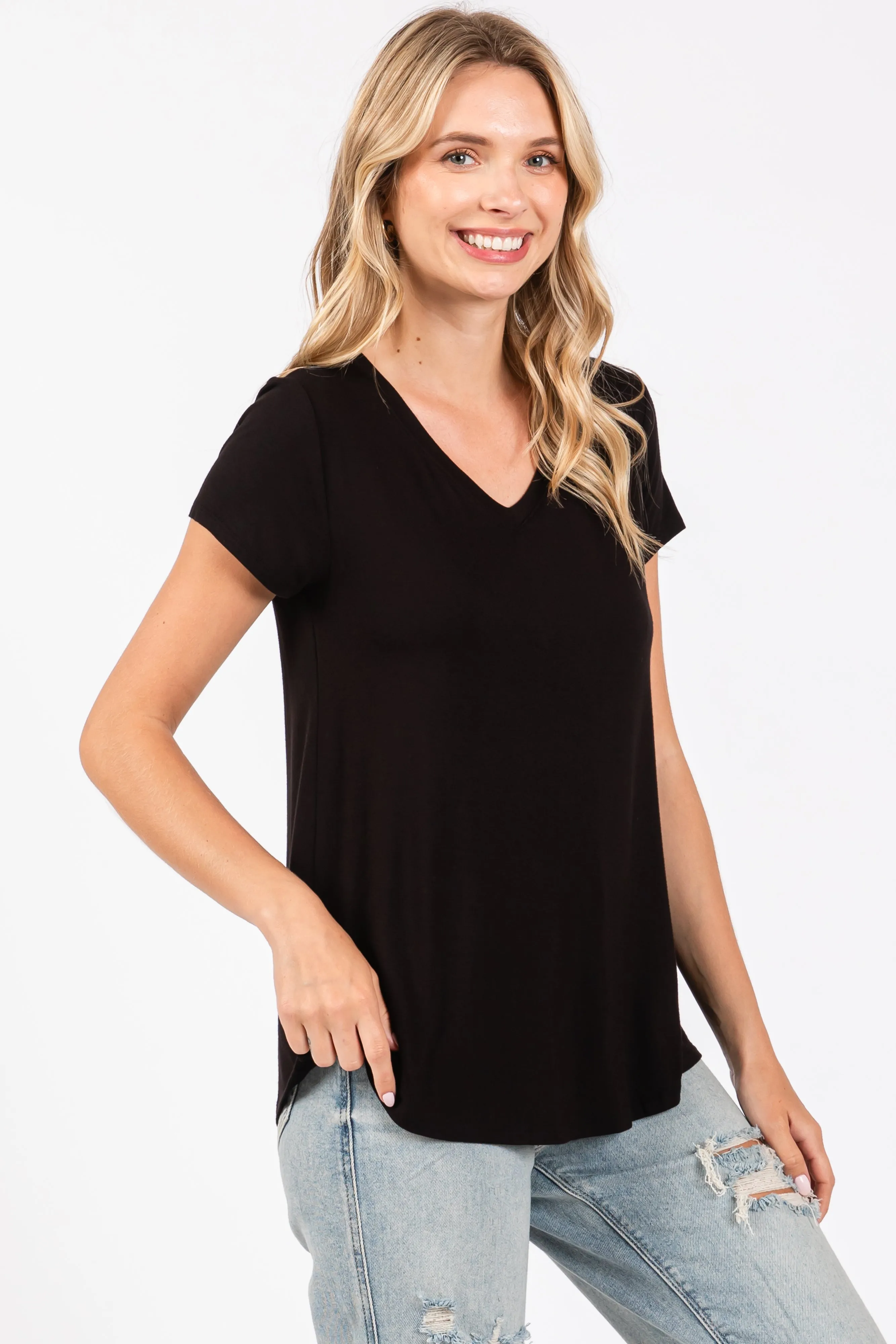 Black Basic V-Neck Short Sleeve Top sold by Pinkblush product image thumbnail 2