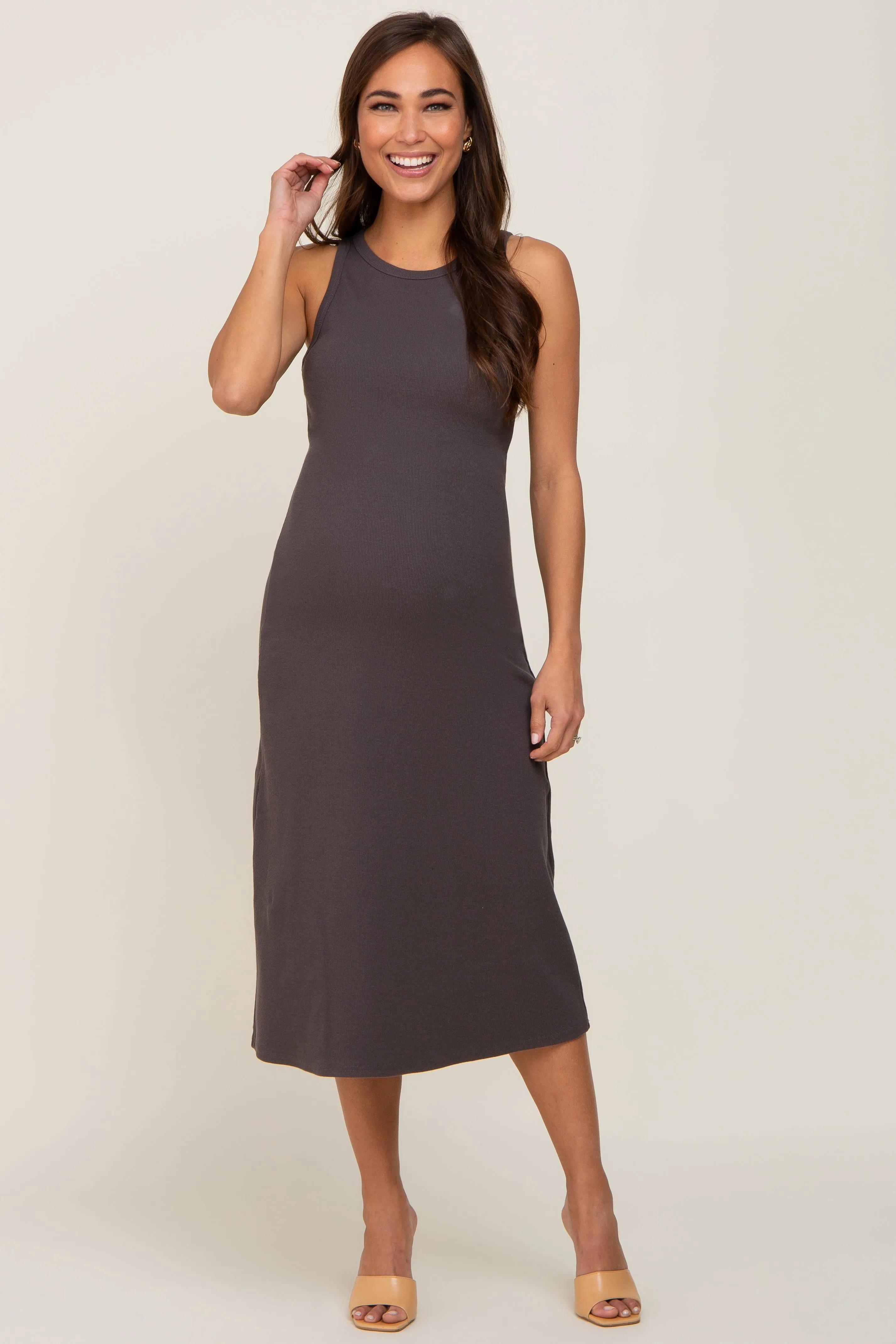 Charcoal Ribbed Sleeveless A-Line Maternity Midi Dress sold by Pinkblush product image thumbnail 4