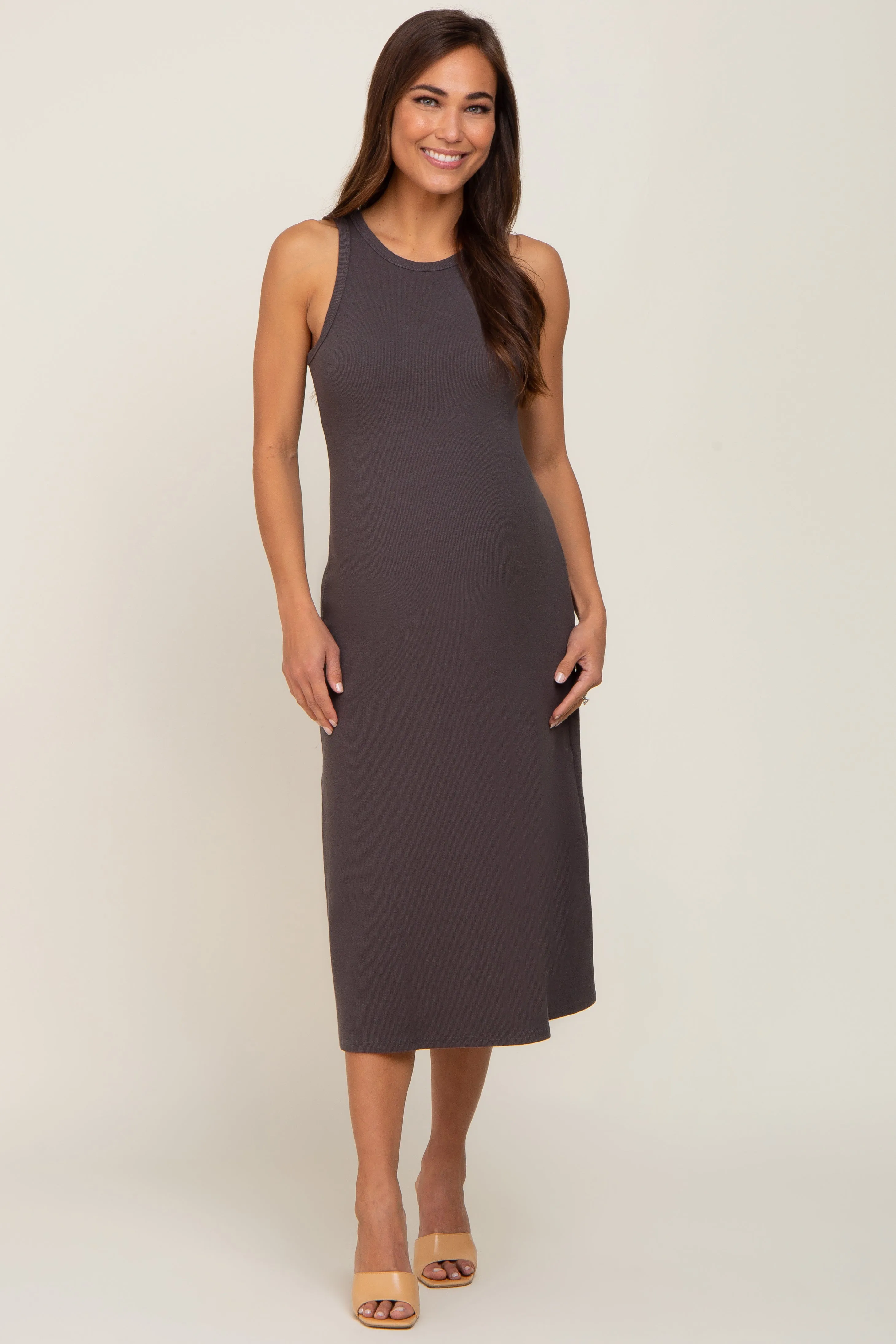 Charcoal Ribbed Sleeveless A-Line Maternity Midi Dress sold by Pinkblush