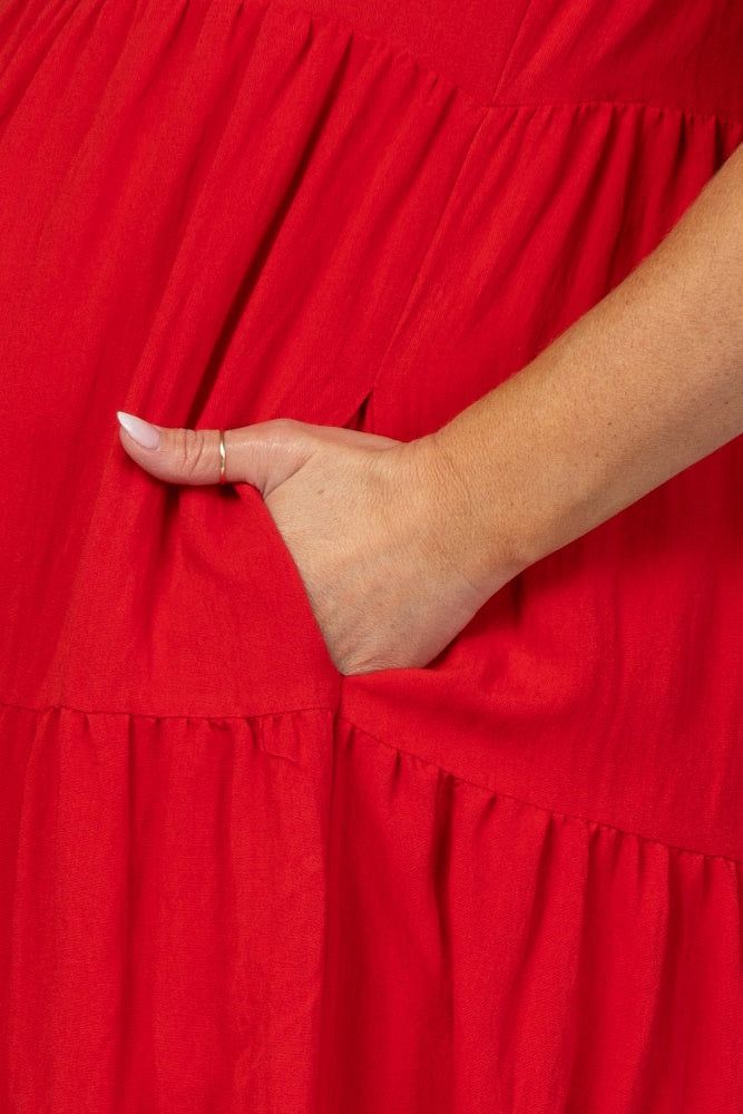 Red Tiered Ruffle Sleeve Maternity Midi Dress sold by Pinkblush product image thumbnail 4