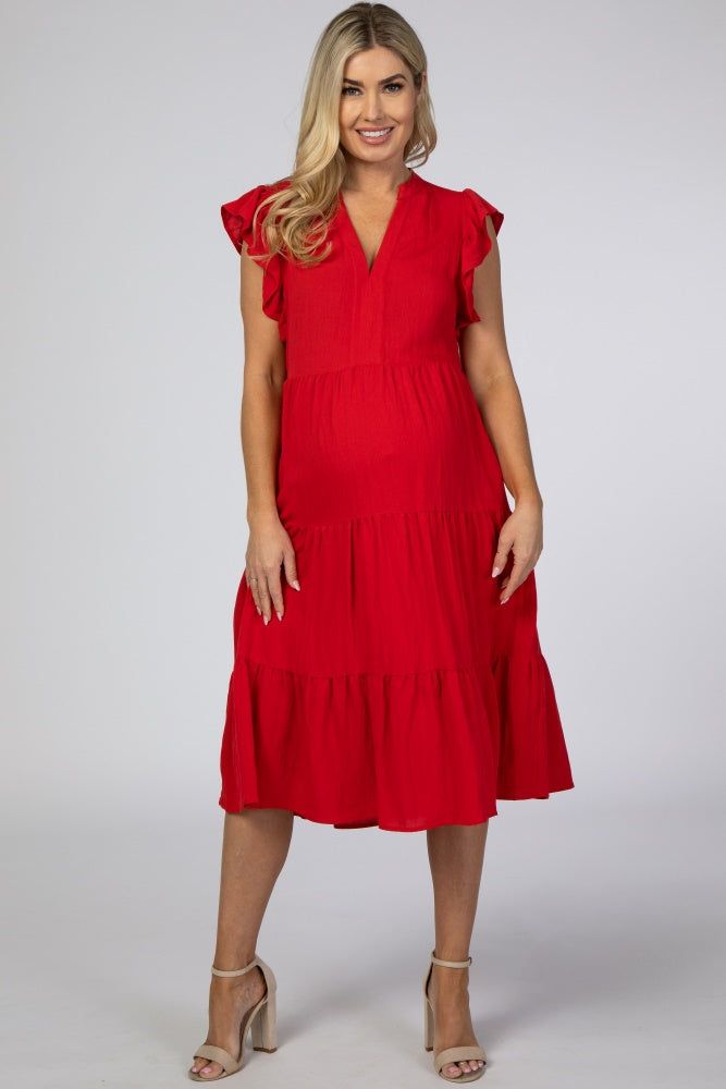 Red Tiered Ruffle Sleeve Maternity Midi Dress sold by Pinkblush