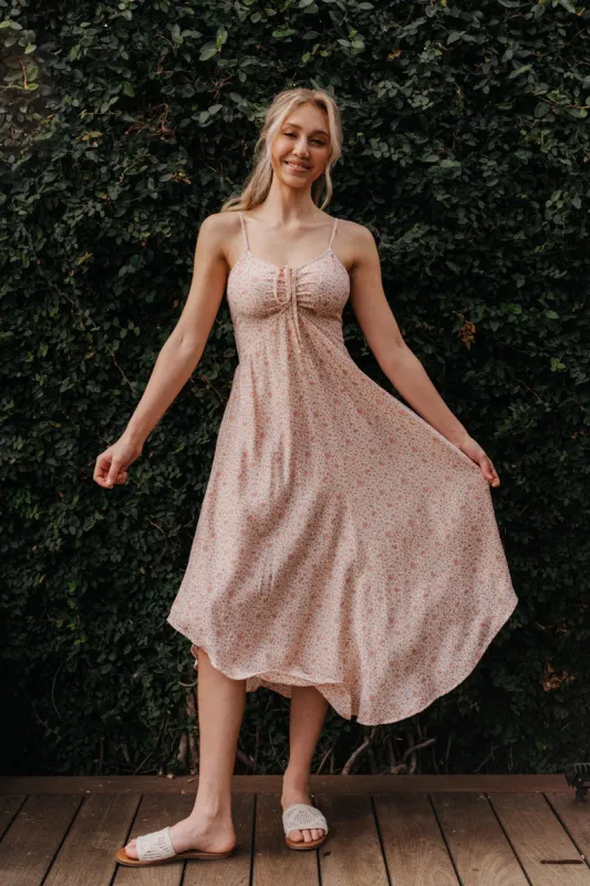 Floral Cinched Tie Front Midi Dress sold by Pinkblush