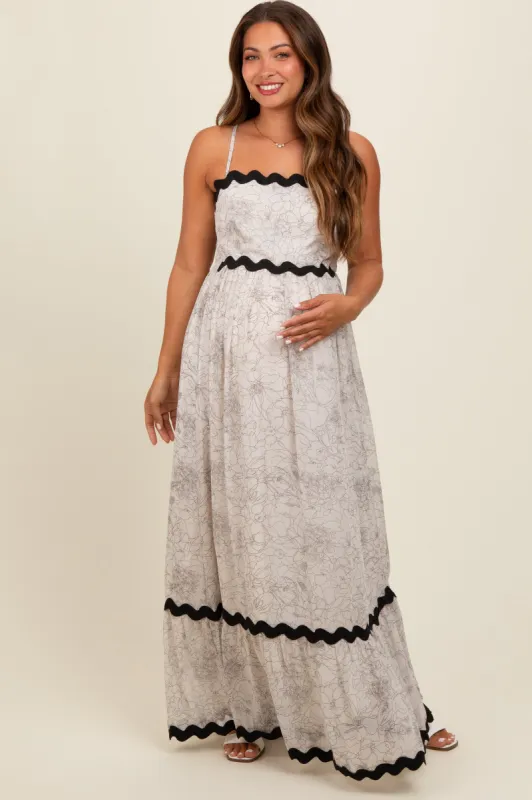 Ivory Floral Contrast Trim Maternity Maxi Dress sold by Pinkblush